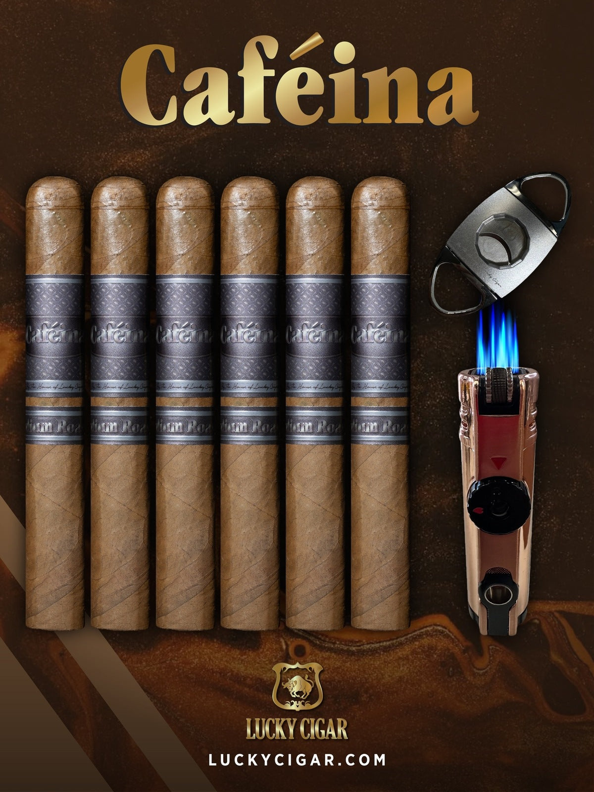 Infused Cigars: Set of 6 Cafeina Medium Roast Toro 6x52 Cigars with Lighter, Cutter