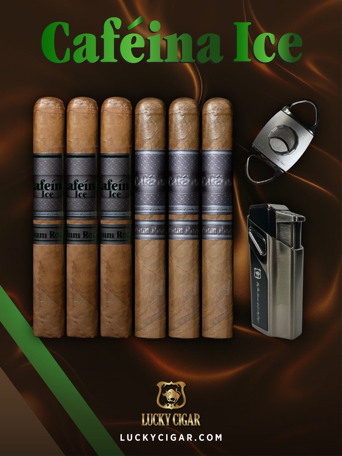 Infused Cigars: Set of 6 Cafeina Roast Cigars - 3 Medium 6x52, 3 Ice 6x52 with Lighter, Cutter