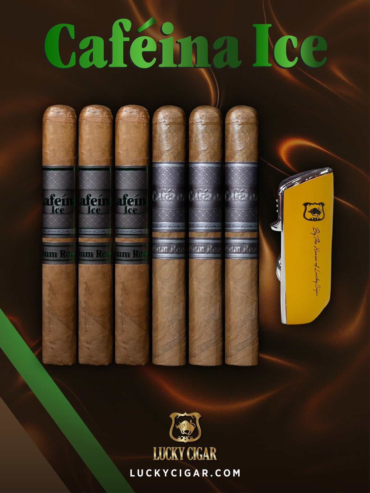 Infused Cigars: Set of 6 Cafeina Roast Cigars - 3 Medium 6x52, 3 Medium Ice 6x52 Cigars with Torch