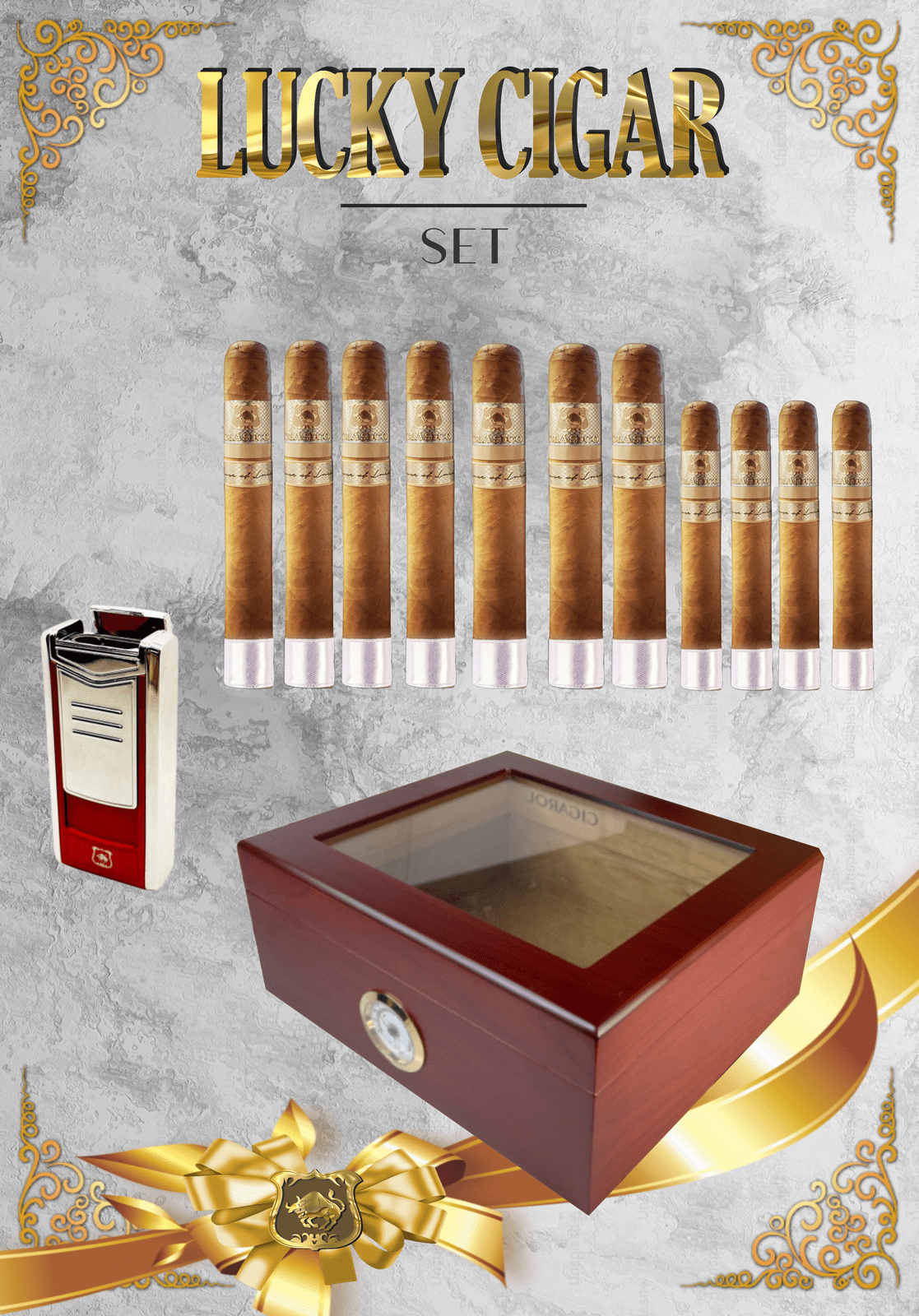 Lucky Cigar Sampler Sets: Set of 11 Classico Cigars with Torch, Desk Humidor