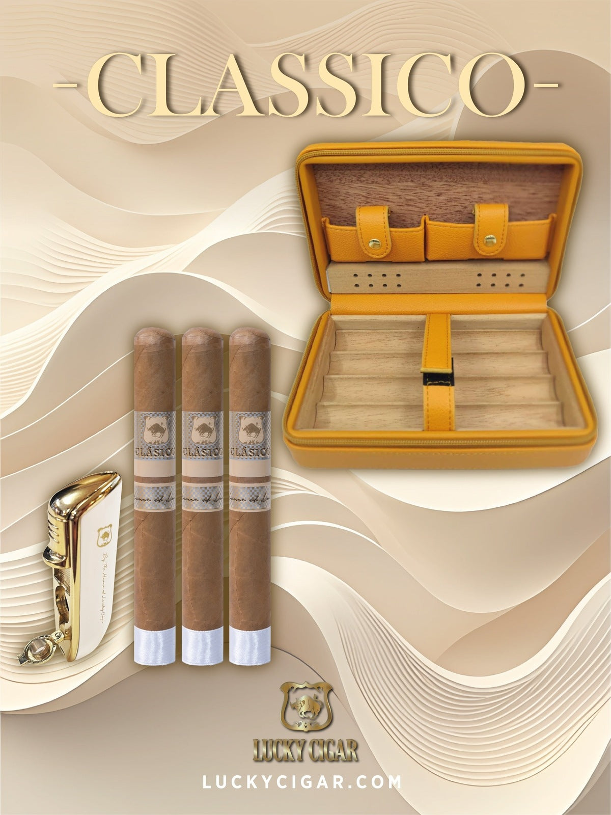 Classic Cigars - Classico by Lucky Cigar: Set of 3 Cigars with Torch, Hurricane Leather Orange Case