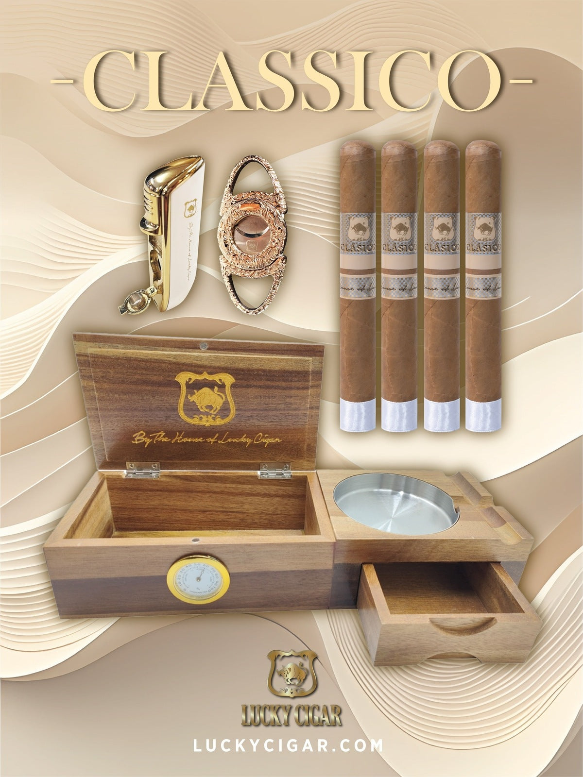 Classic Cigars - Classico By Lucky Cigar: Set of 4 Cigars with Humidor Ashtray Set, Cutter, Torch