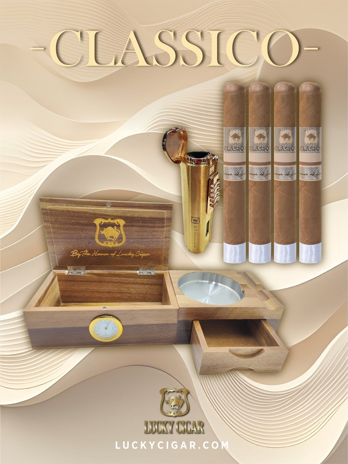 Classic Cigars - Classico By Lucky Cigar: Set of 4 Cigars with Humidor Ashtray Set, Torch