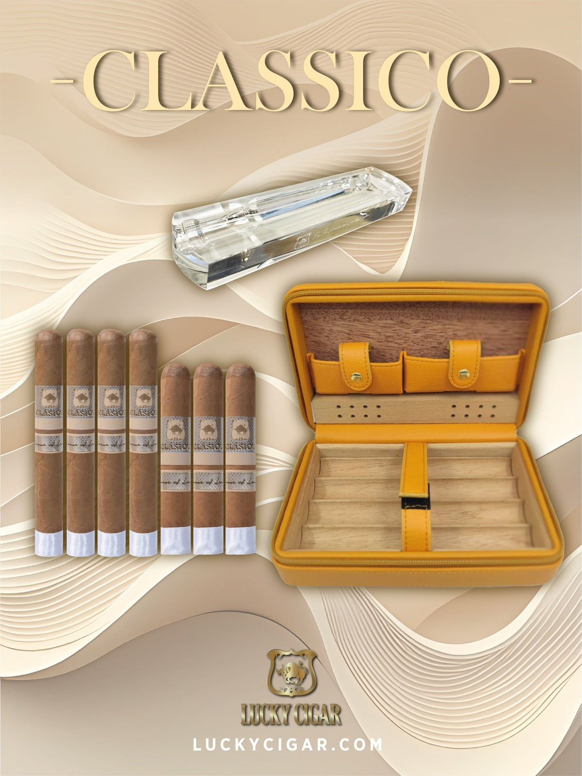 Classic Cigars - Classico By Lucky Cigar: Set of  4 Toro, 3 Robusto Cigars with Hurricane Leather Case Yellow, Ashtray