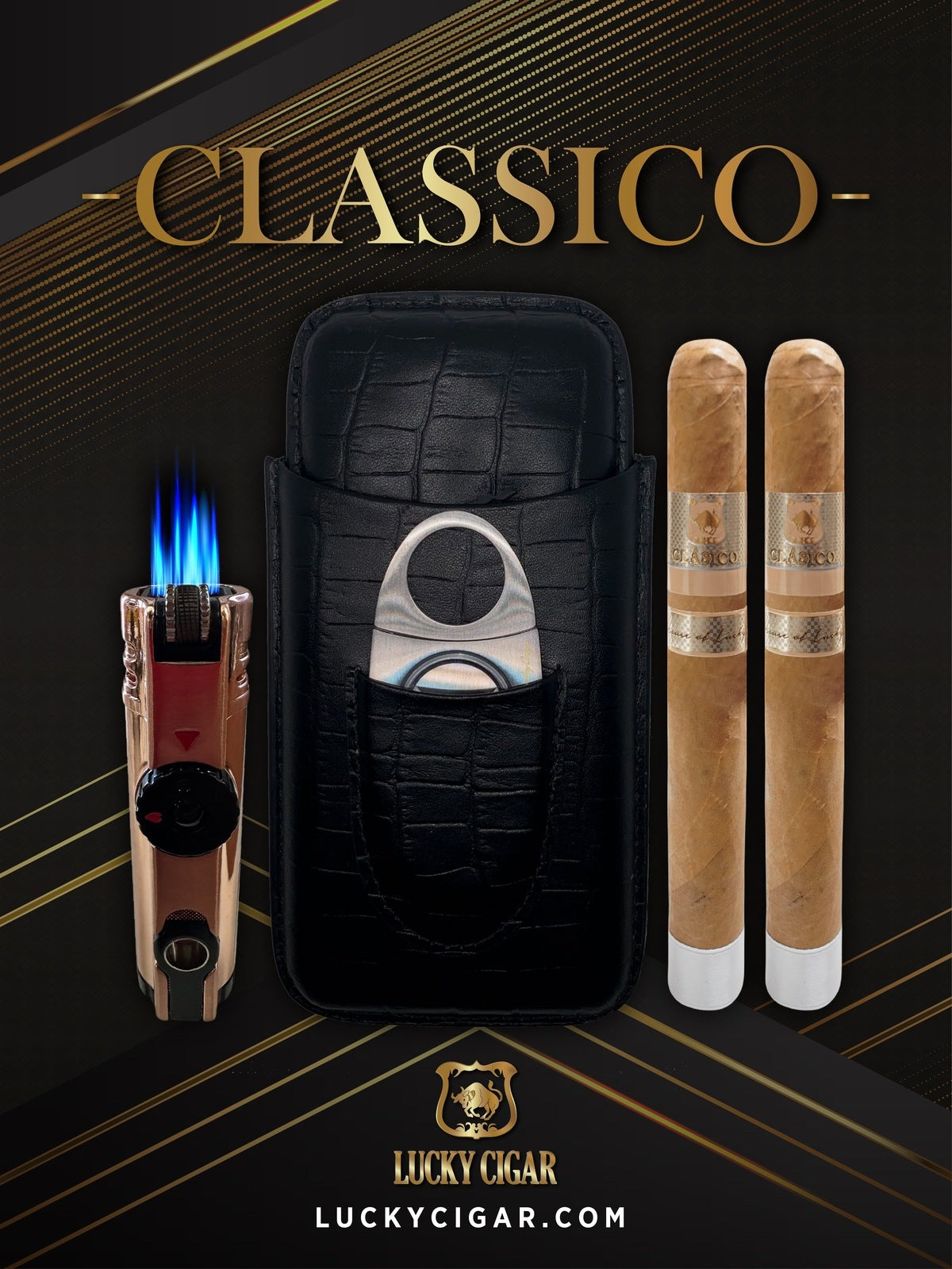 Classic Cigars - Classico by Lucky Cigar: Set of 2 Cigars, 2 Churchill with Travel Humidor, Cutter, Table Torch