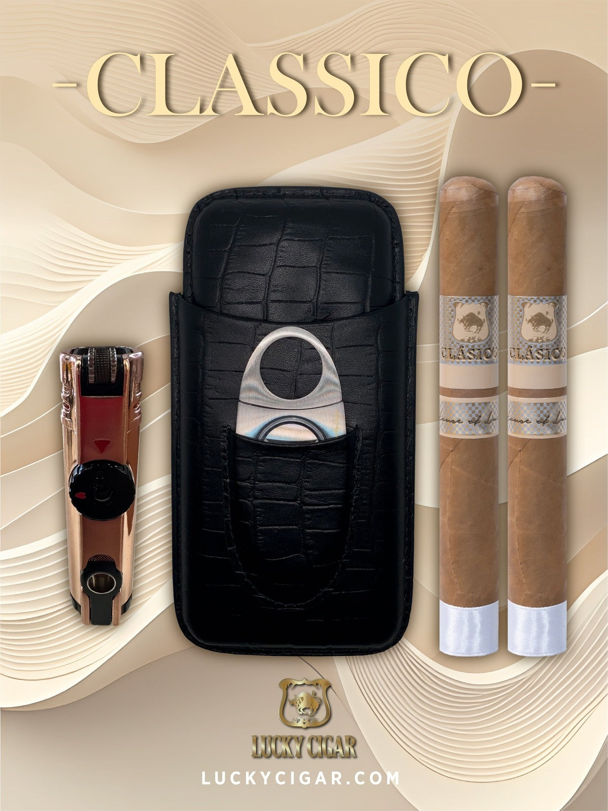 Classic Cigars - Classico by Lucky Cigar: Set of 2 Cigars, 2 Churchill with Travel Humidor, Cutter, Table Torch