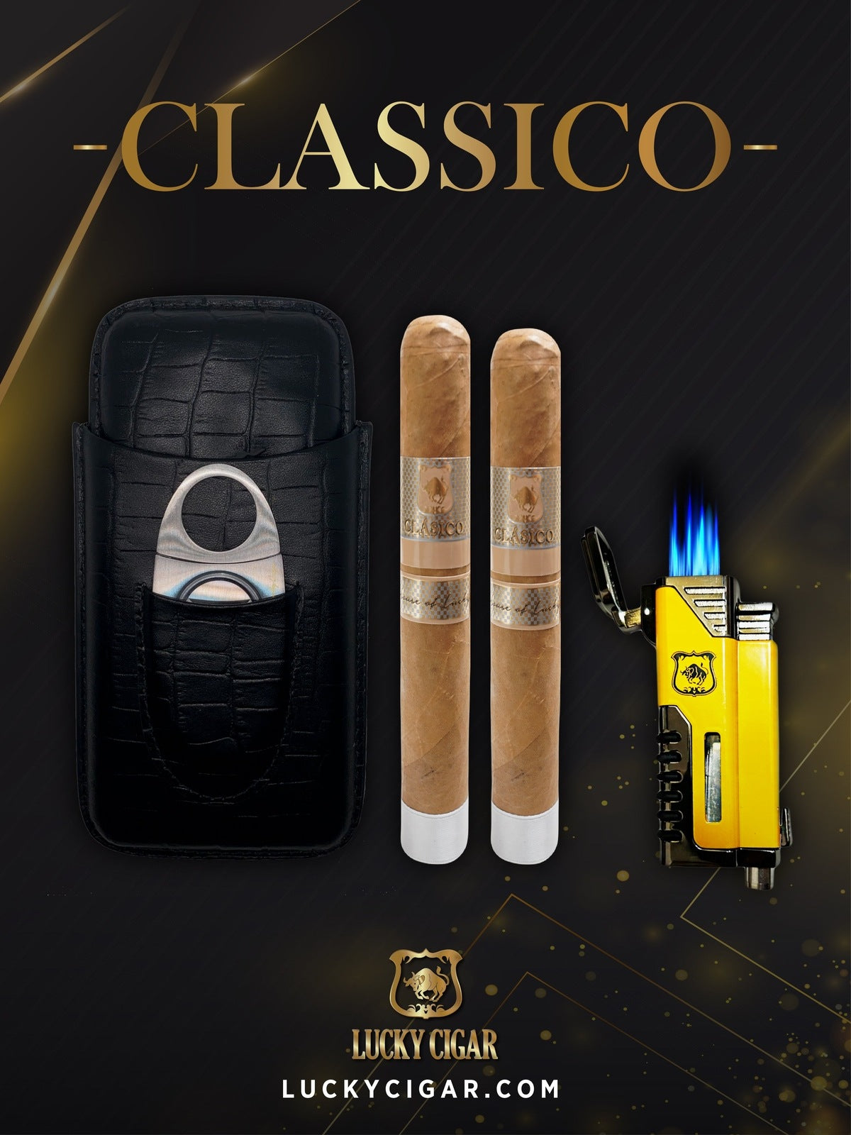Lucky Cigar Sampler Sets: Set of 2 Classico Toro 6x50 Cigars with Travel Humidor Case, Torch