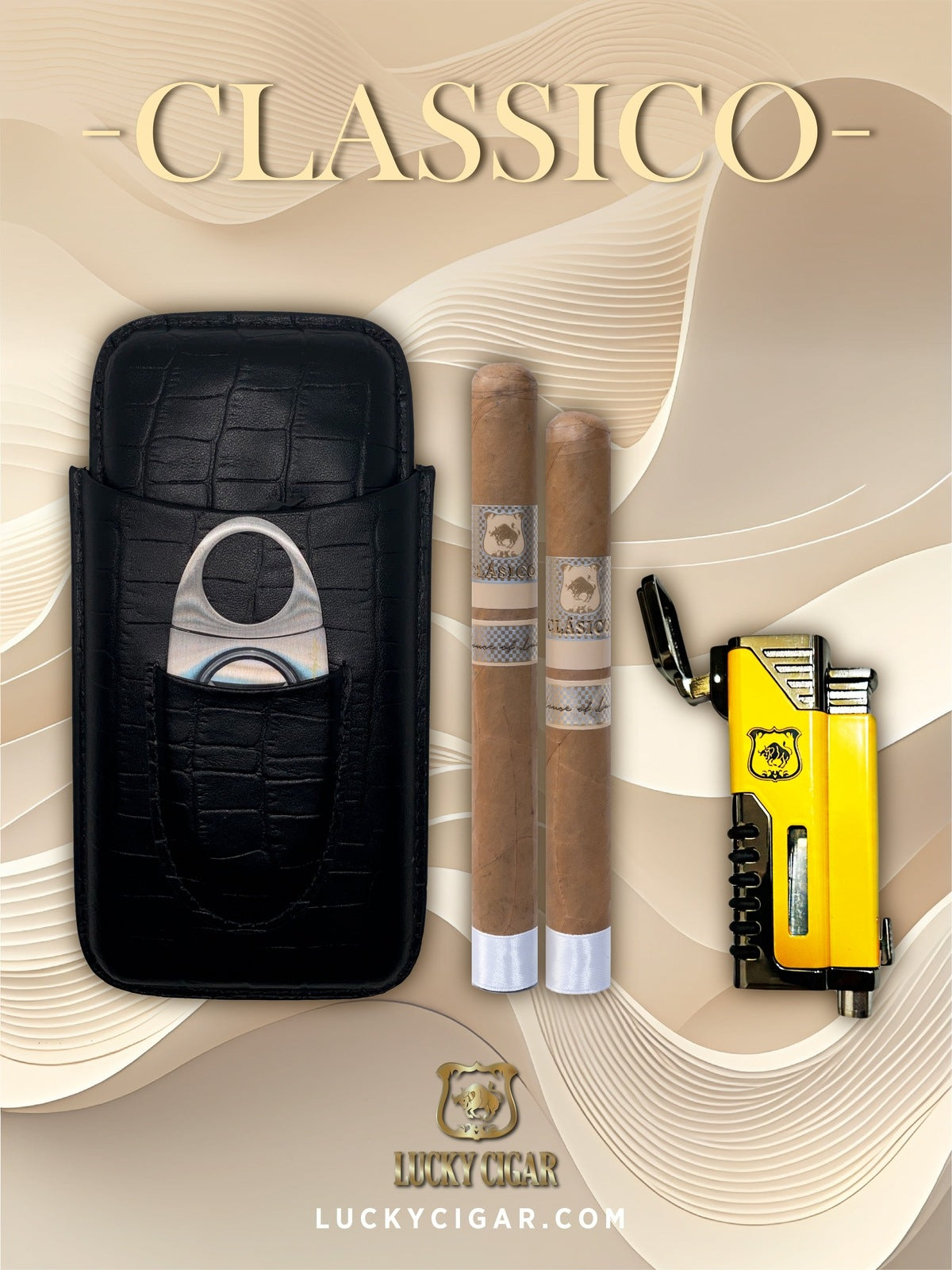 Lucky Cigar Sampler Sets: Set of 2 Classico Toro 6x50 Cigars with Travel Humidor Case, Torch