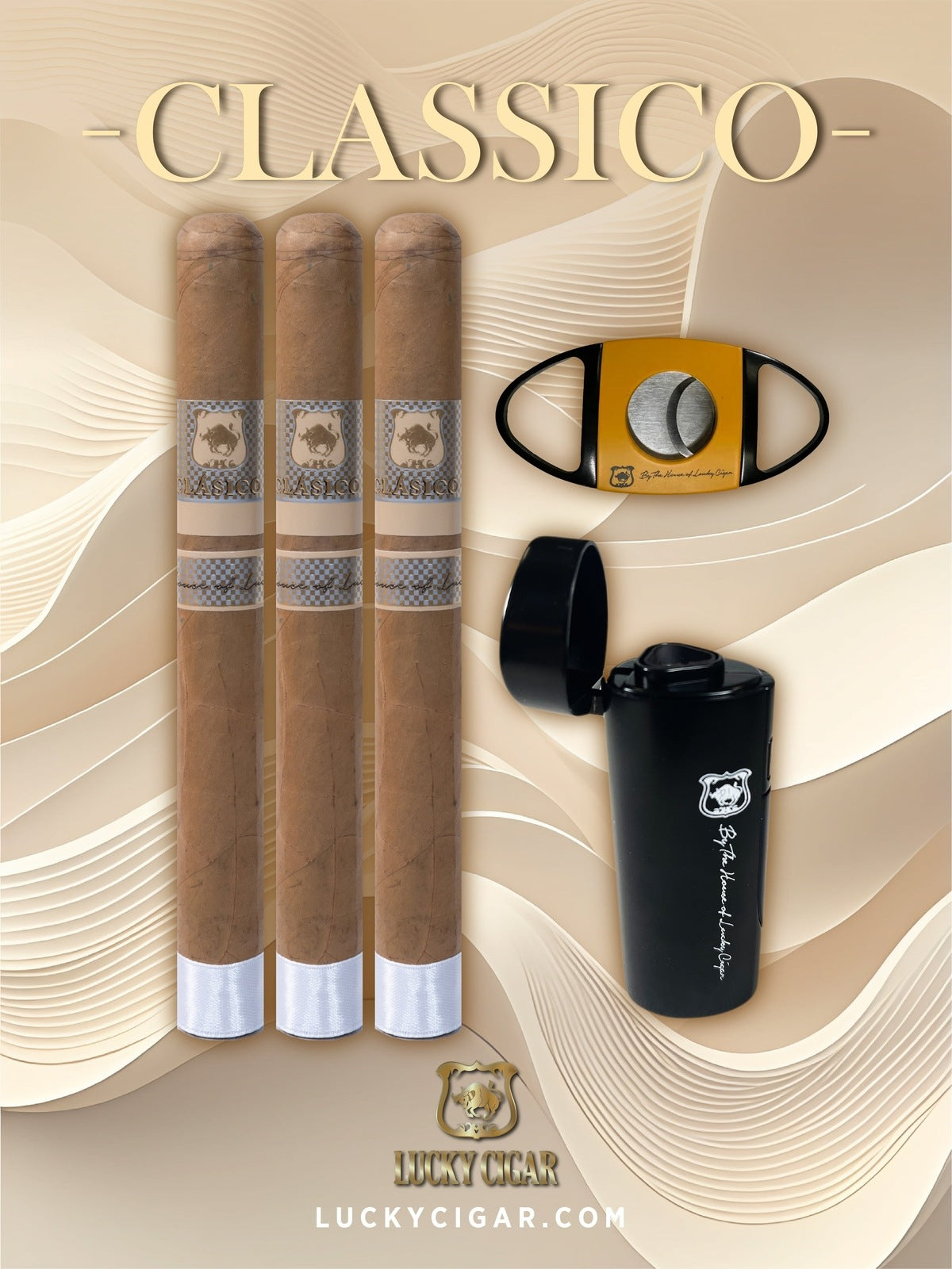 Lucky Cigar Sampler Sets: Set of 3 Classico Robusto Cigars with Torch, Cutter