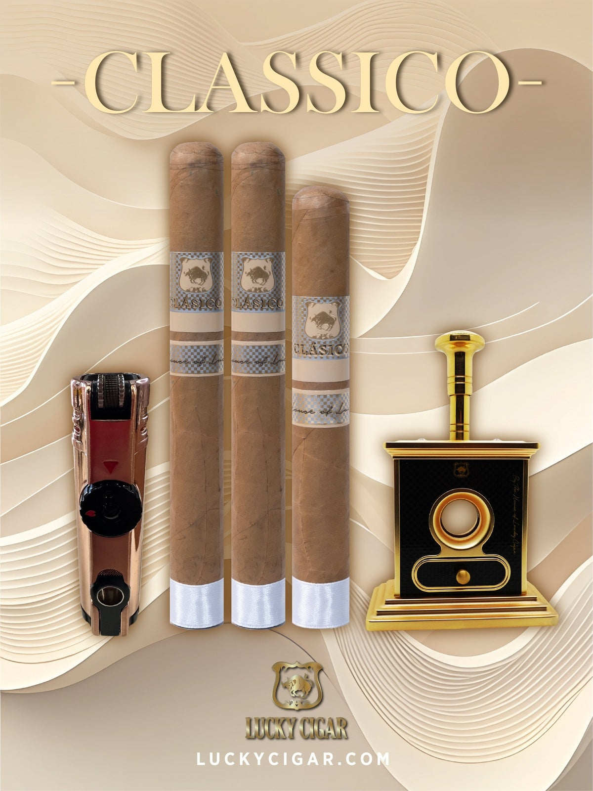 Lucky Cigar Sampler Sets: Set of 3 Classico Toro, Robusto Cigars with Torch, Table Cutter