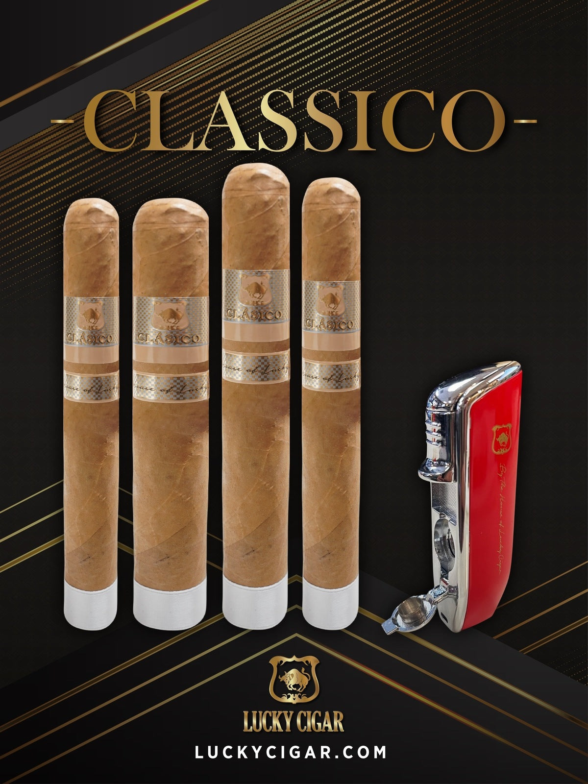 Classic Cigars - Classico by Lucky Cigar: Set of 4 Cigars, Robusto, Rotchilde, Toro, Gordo with Torch
