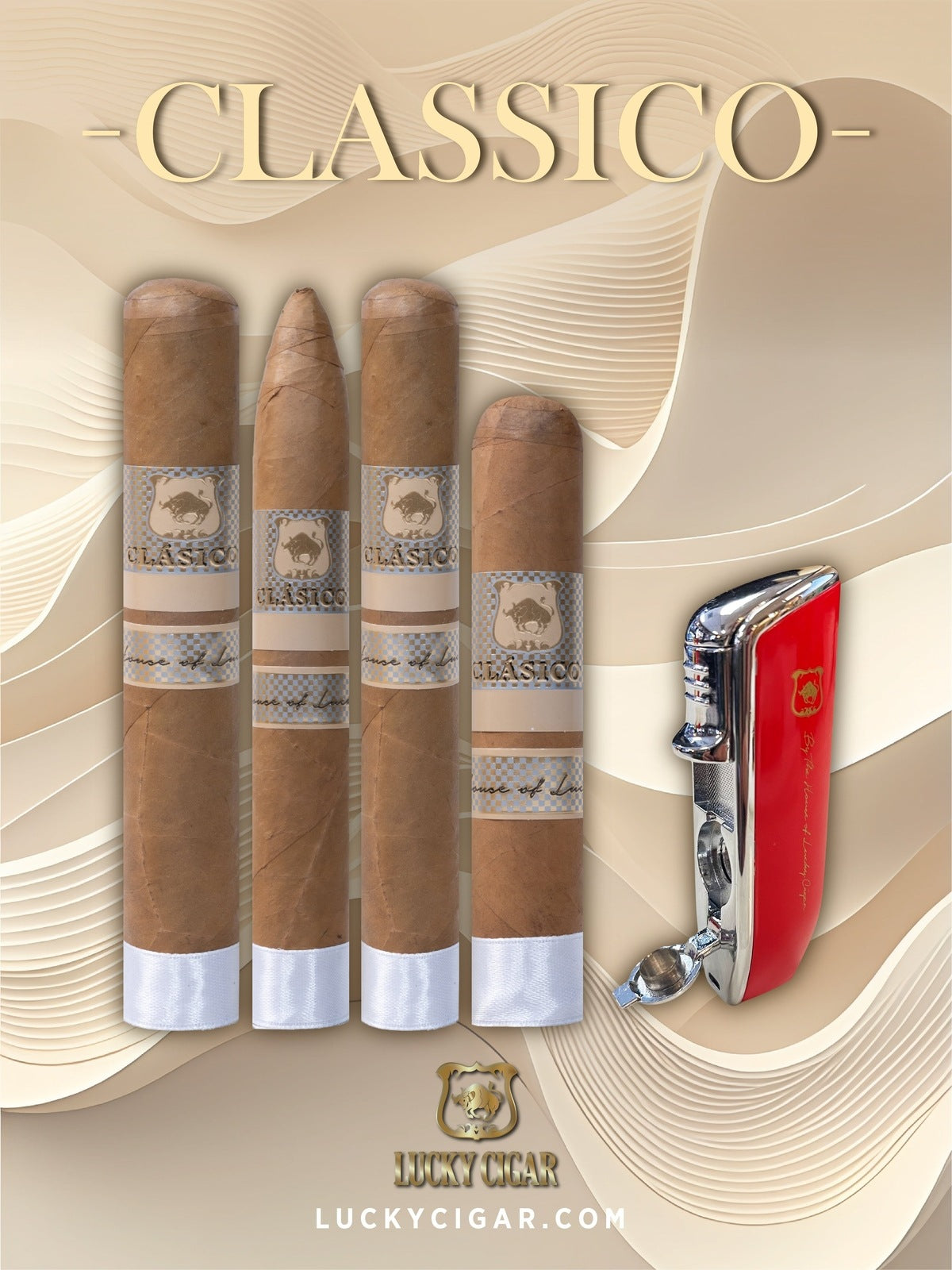 Classic Cigars - Classico by Lucky Cigar: Set of 4 Cigars, Robusto, Rotchilde, Toro, Gordo with Torch