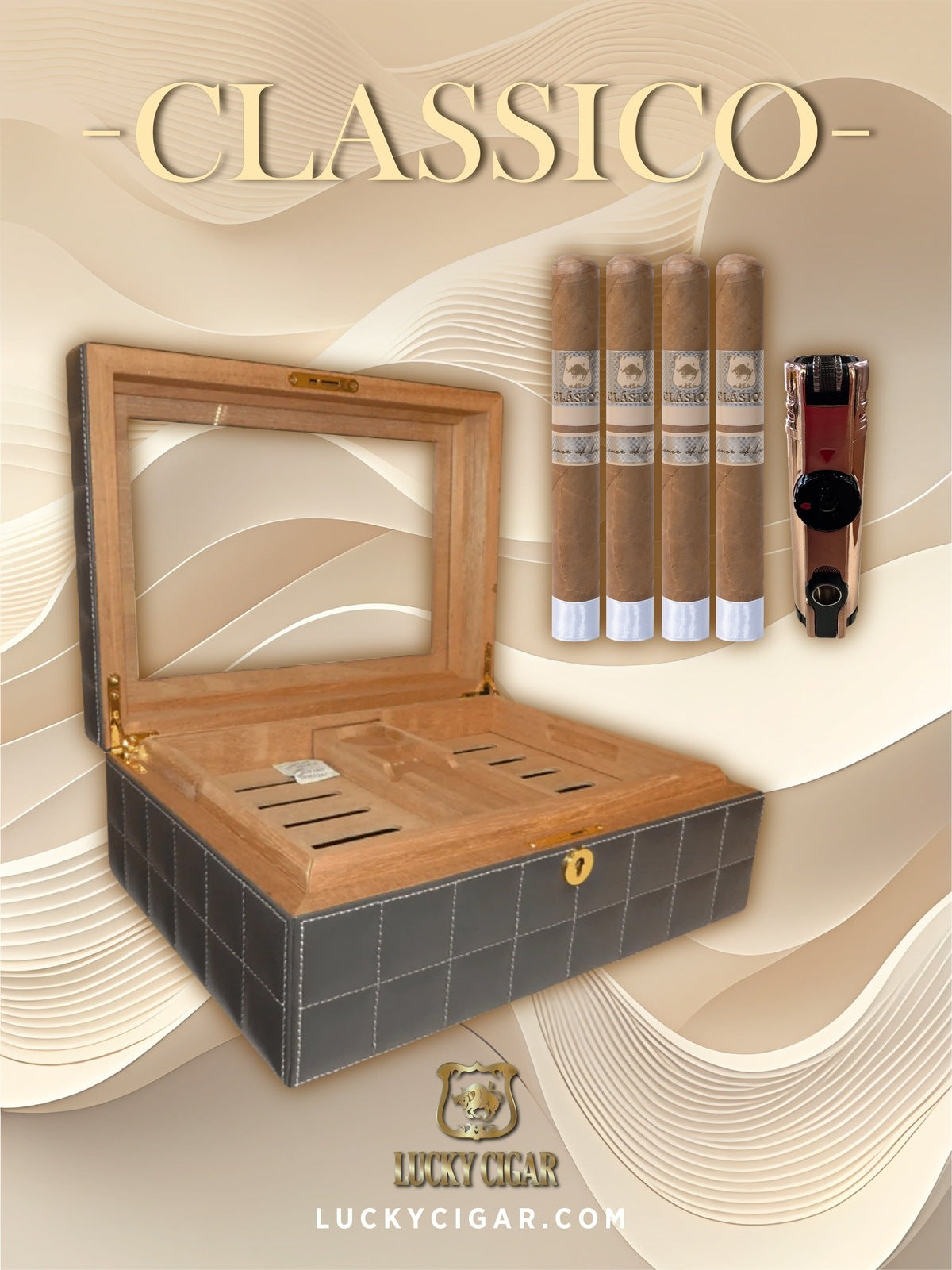 Classic Cigars - Classico by Lucky Cigar: Set of 4 Cigars with Torch, Desk Humidor