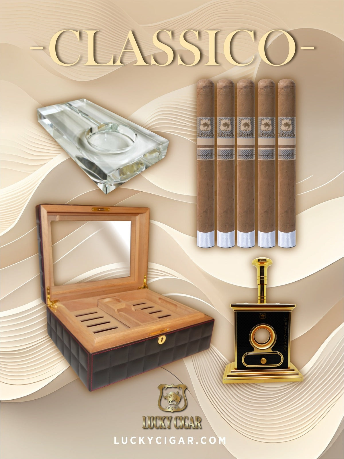 Lucky Cigar Sampler Sets: Set of 5 Classico Toro Cigars with Ashtray, Table Cutter, Desk Humidor