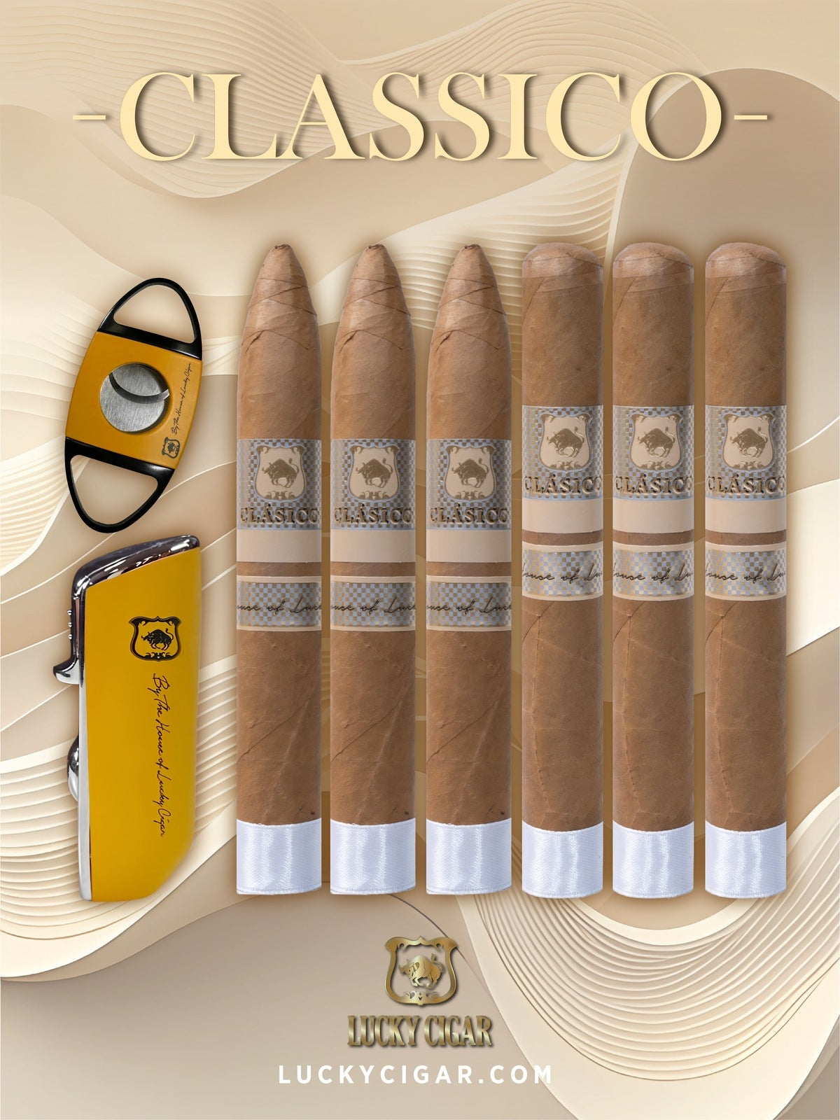 Classic Cigars - Classico by Lucky Cigar: Set of 6 Cigars, 3 Torpedo, 3 Toro with Cutter, Torch