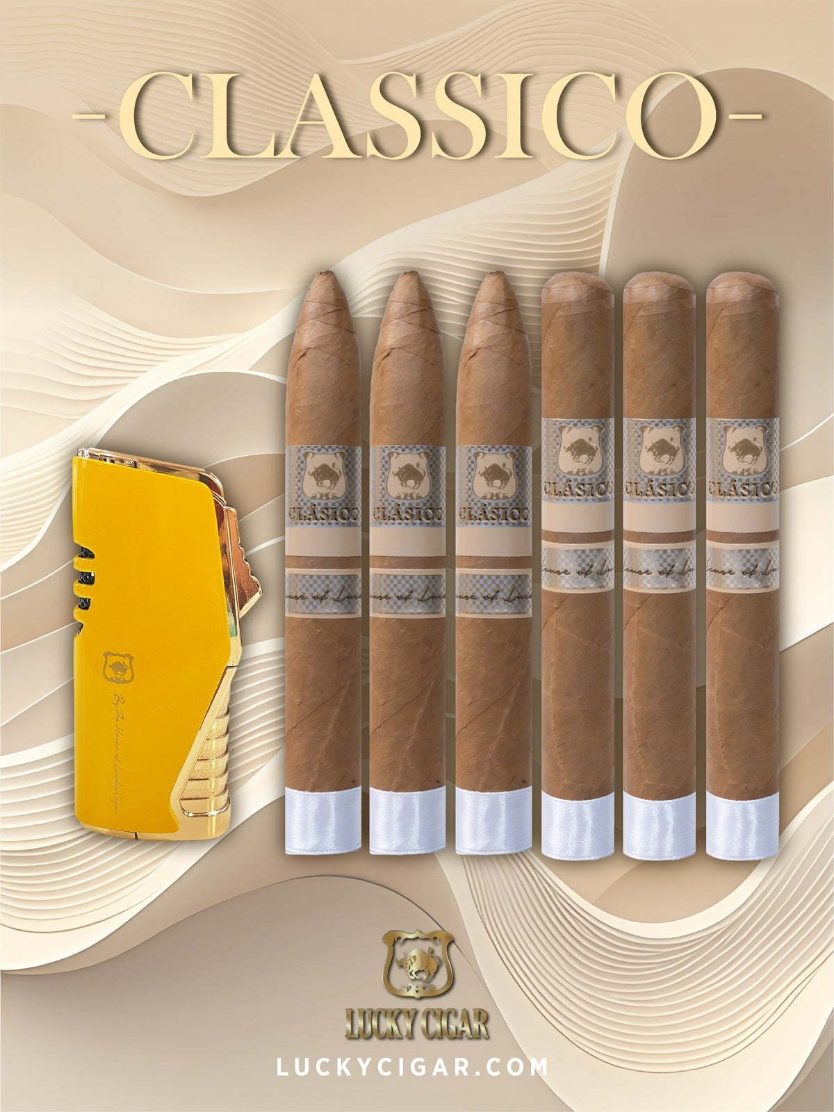 Lucky Cigar Sampler Sets: Set of 6 Classico Cigars, Toro, Torpedo with Torch