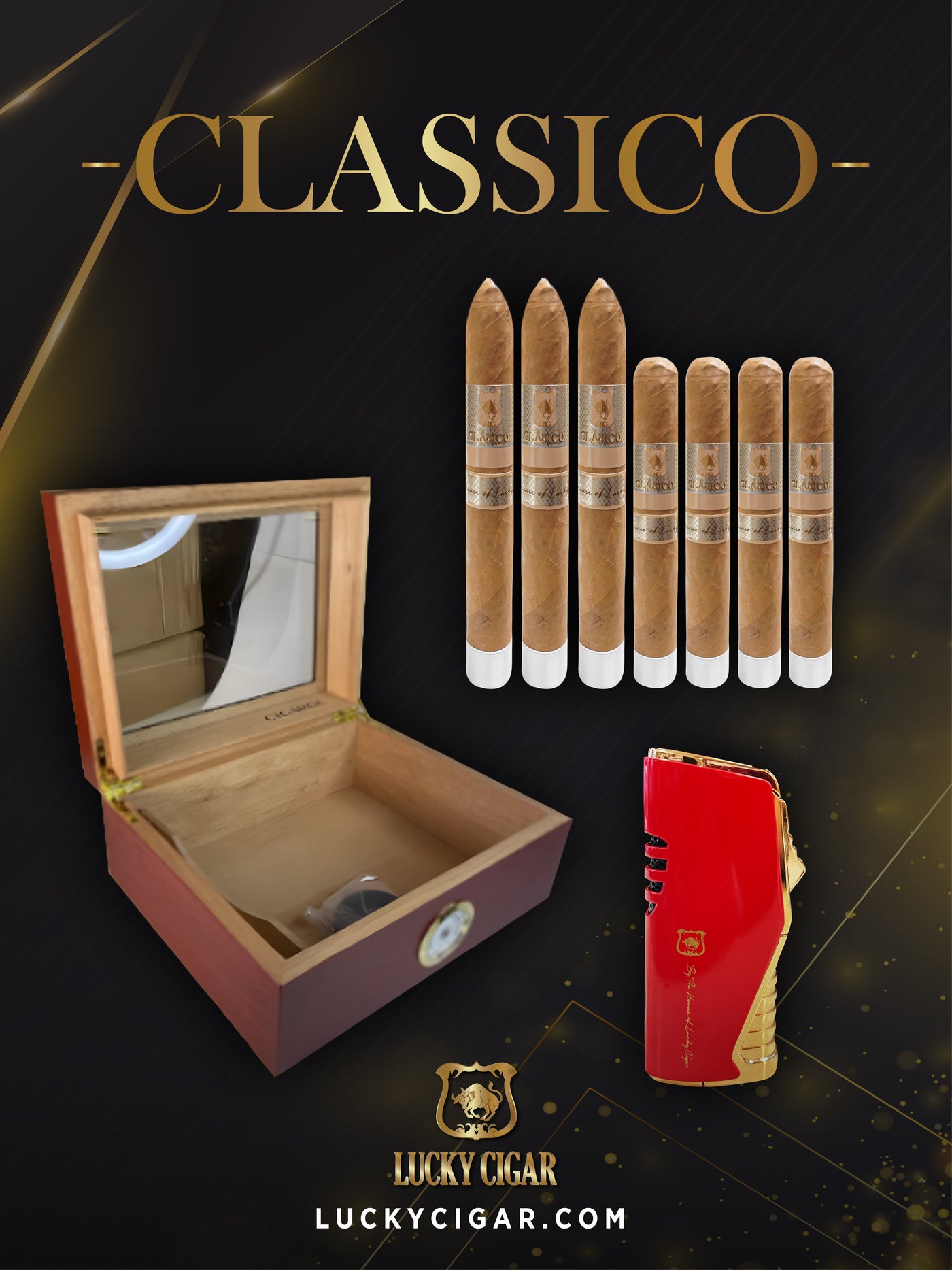 Lucky Cigar Sampler Sets: Set of 7 Classico Cigars with Table Torch, Desk Humidor