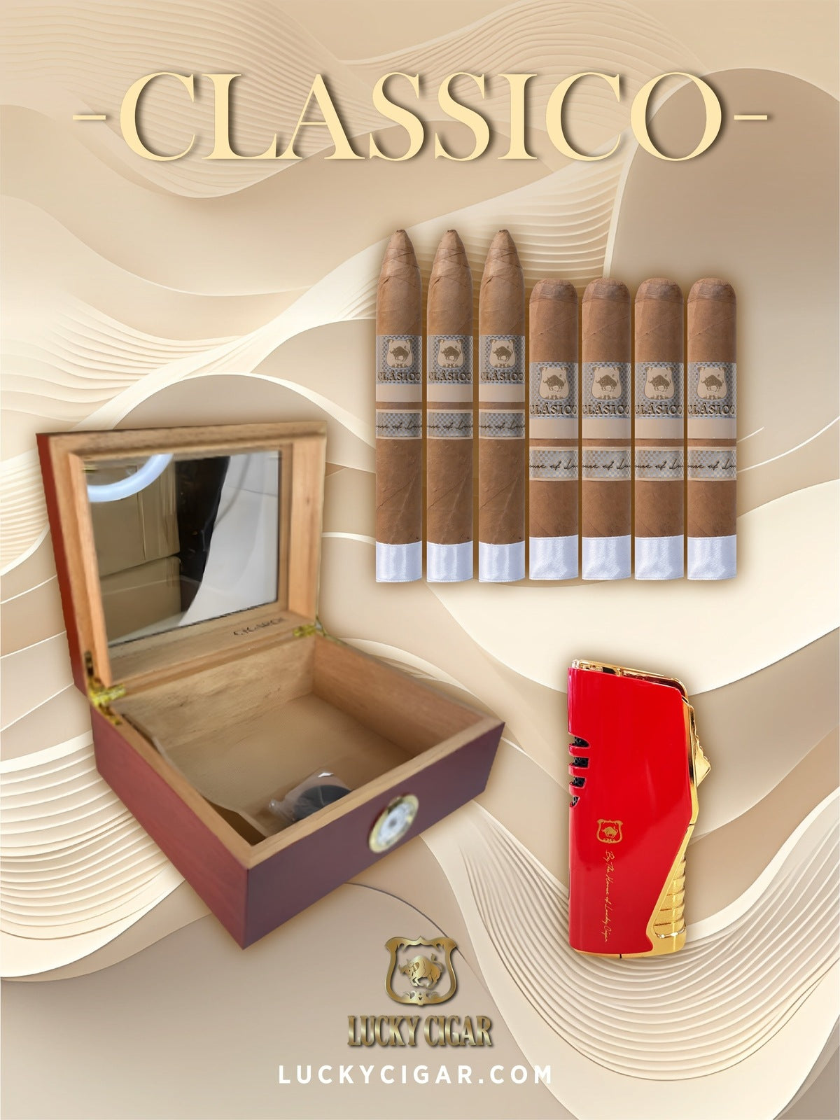 Lucky Cigar Sampler Sets: Set of 7 Classico Cigars with Torch, Desk Humidor
