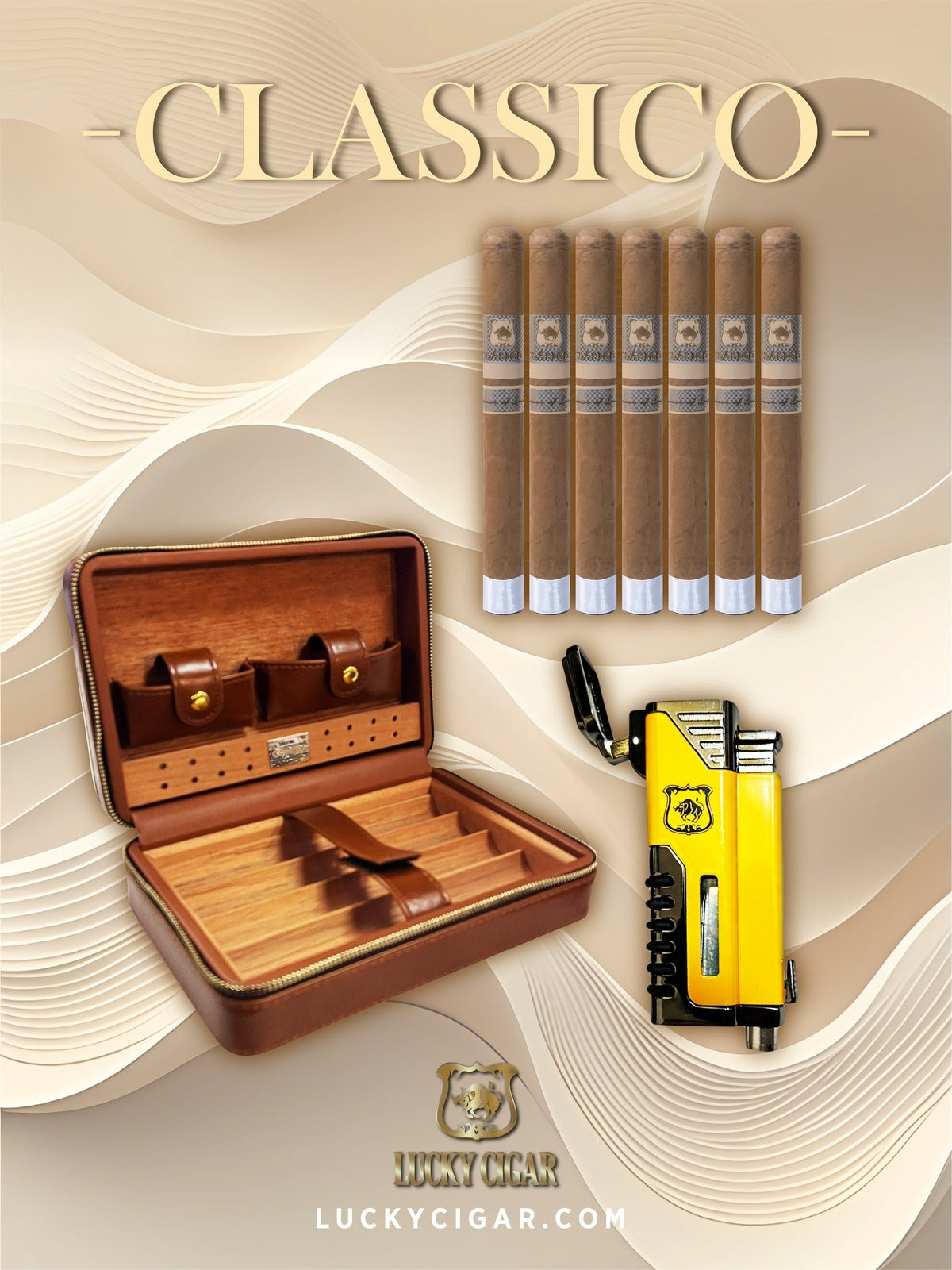 Lucky Cigar Sampler Sets: Set of 7 Classico Toro Cigars with Torch, Travel Humidor Case