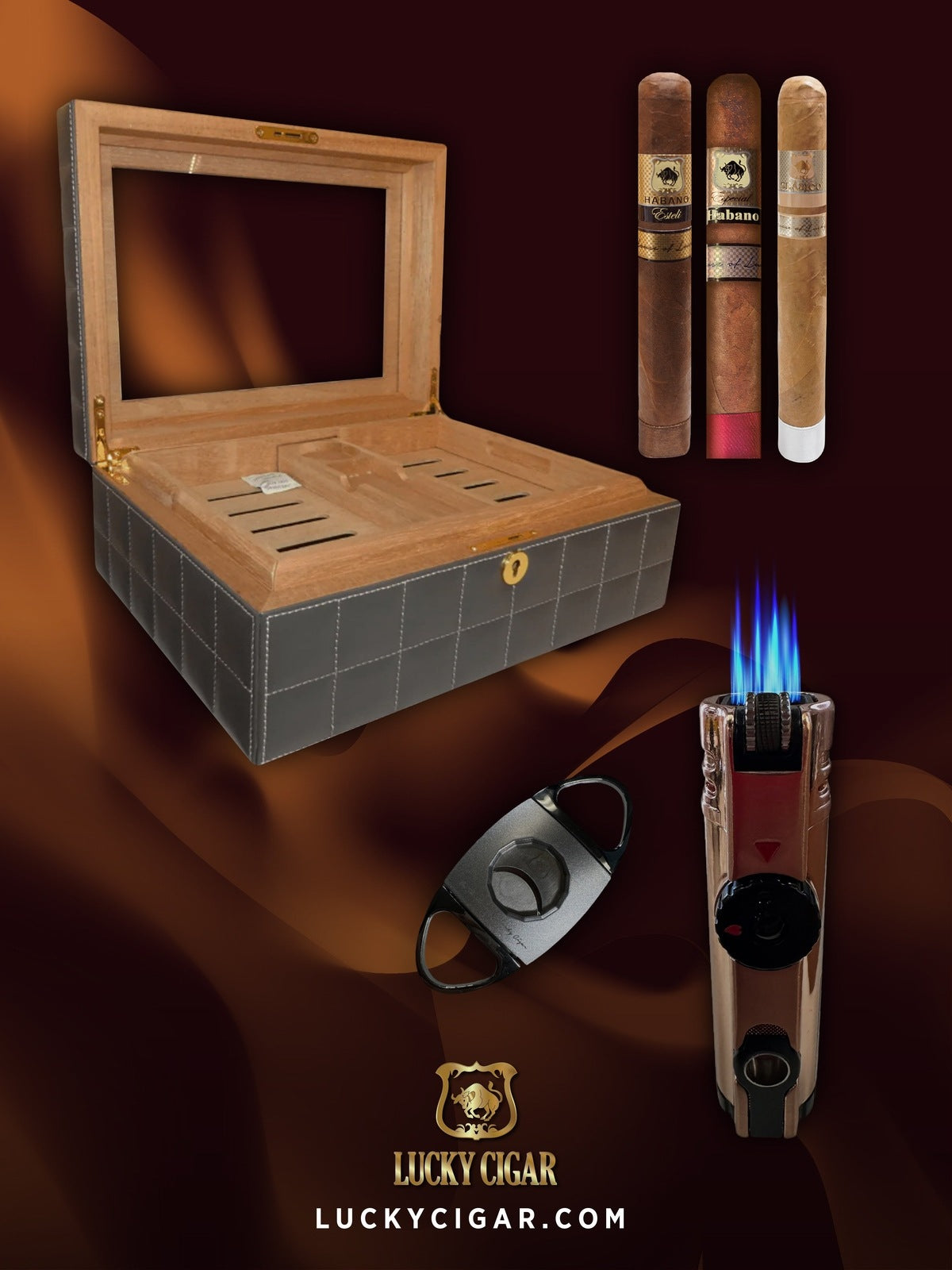 Lucky Cigar Sampler Sets: Set of 3 Toro Cigars with Torch, Cutter, Desk Humidor