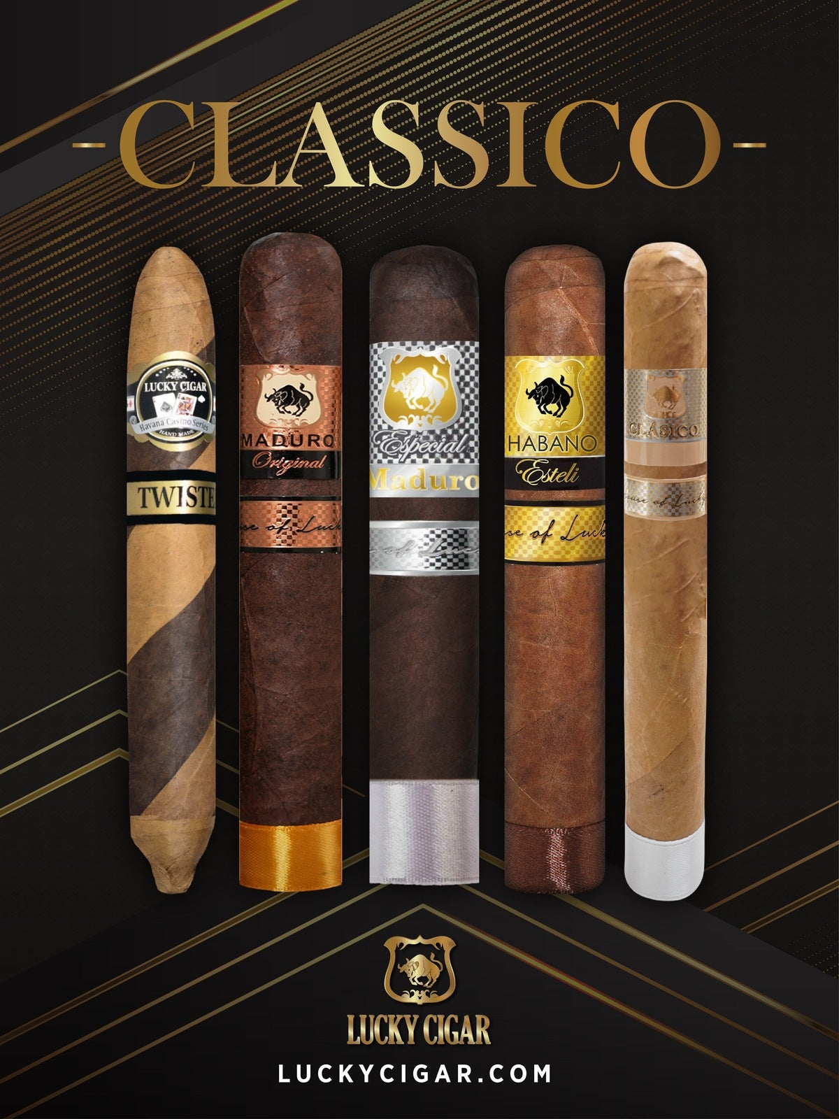 Lucky Cigar Sampler Sets: Set of 5 Cigars, Maduro Original, Twister, Classico, Habano Esteli, Maduro Especial