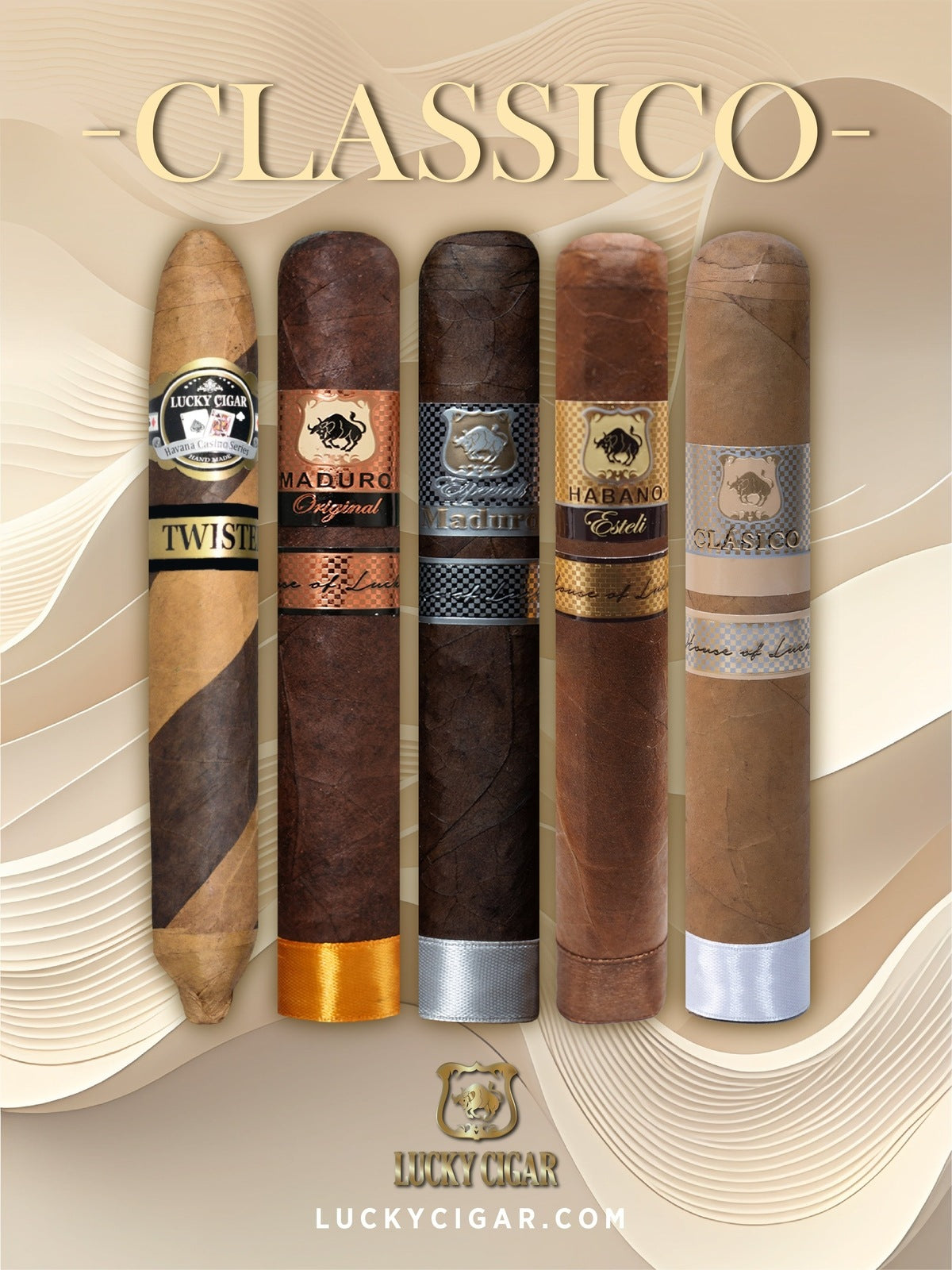 Lucky Cigar Sampler Sets: Set of 5 Cigars, Maduro Original, Twister, Classico, Habano Esteli, Maduro Especial