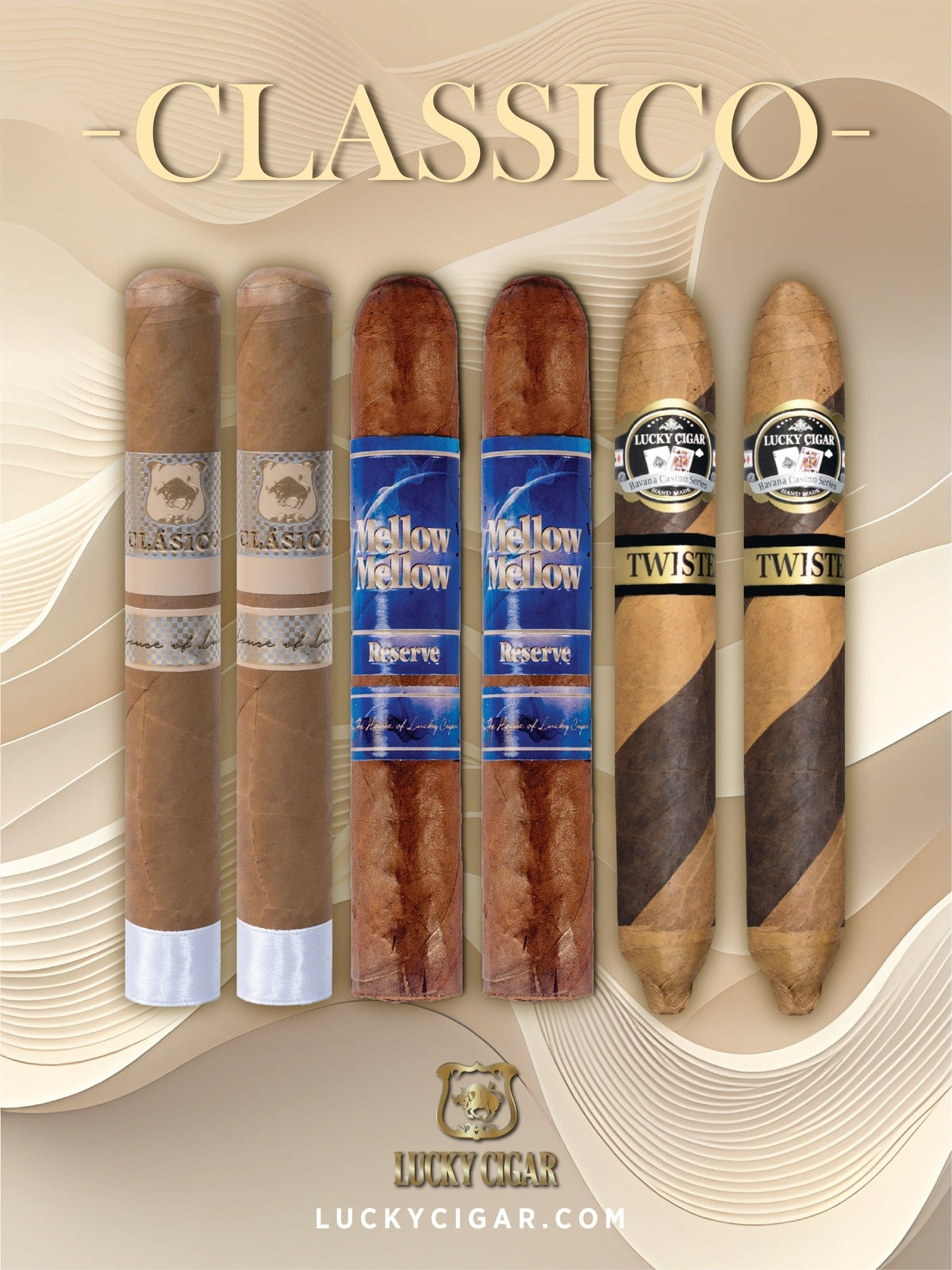 Lucky Cigar Sampler Sets: Set of 6 Cigars with Classico, Mellow Mellow Reserve, Twister