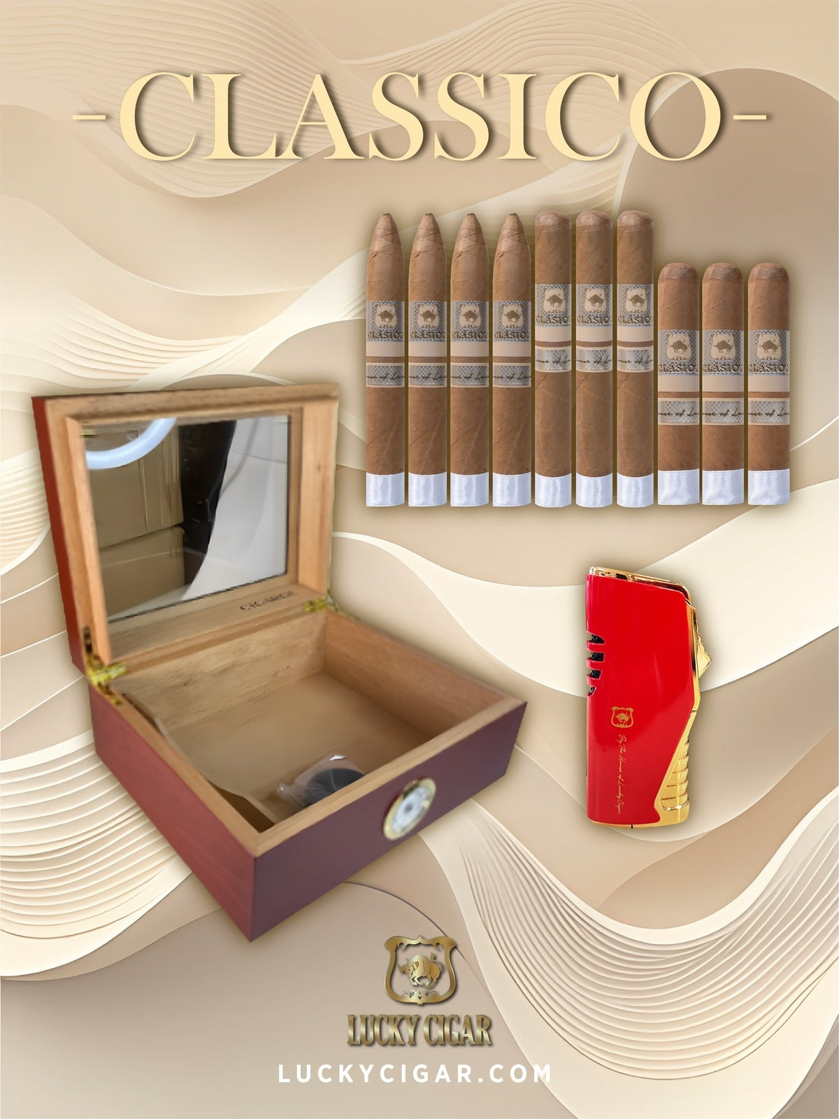 Lucky Cigar Sampler Sets: Set of 11 Classico Cigars with Torch, Desk Humidor