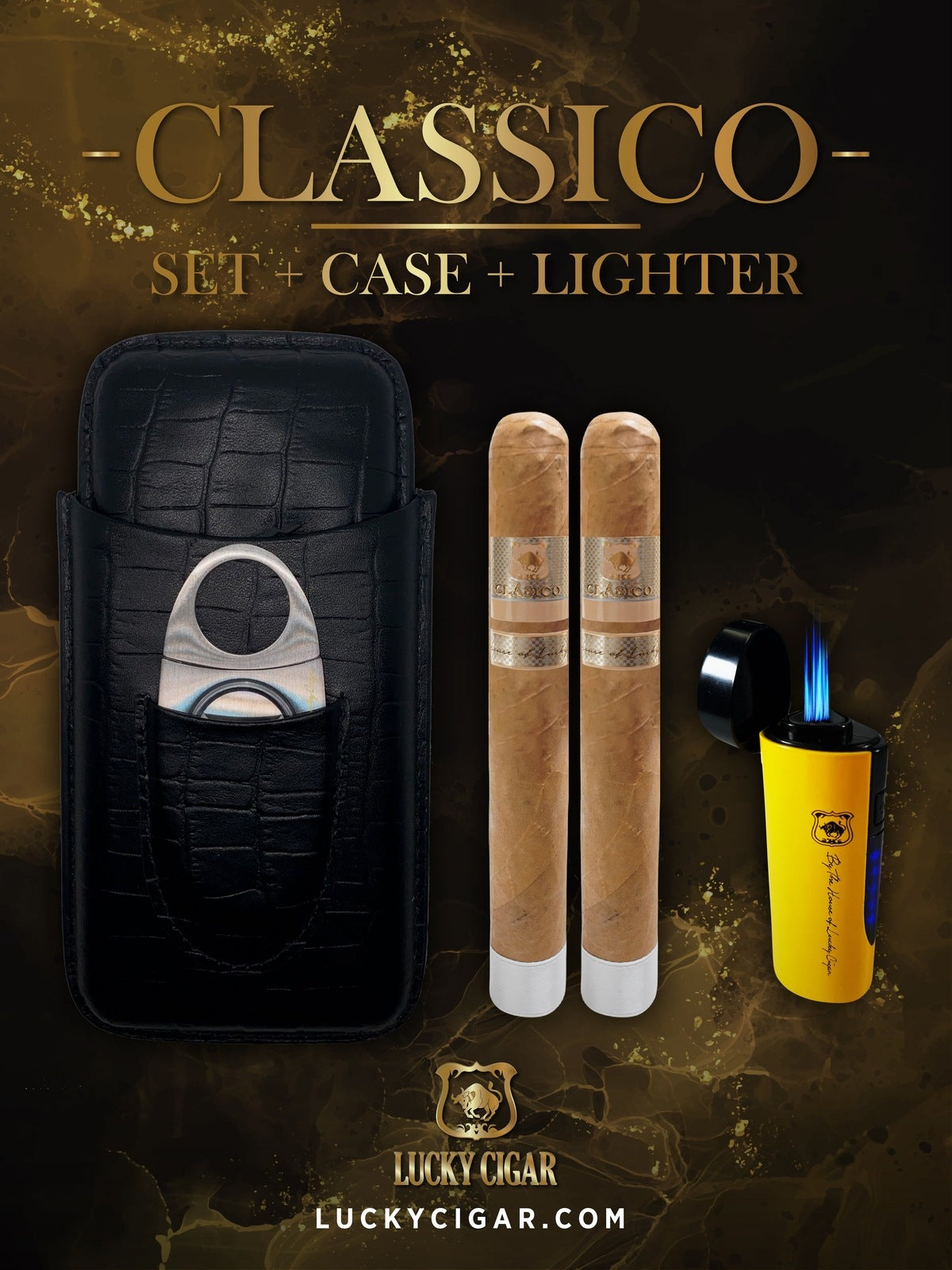 Lucky Cigar Sampler Sets: Set of 2 Toro 6x50 Classico Cigars with Travel Humidor Case, Torch