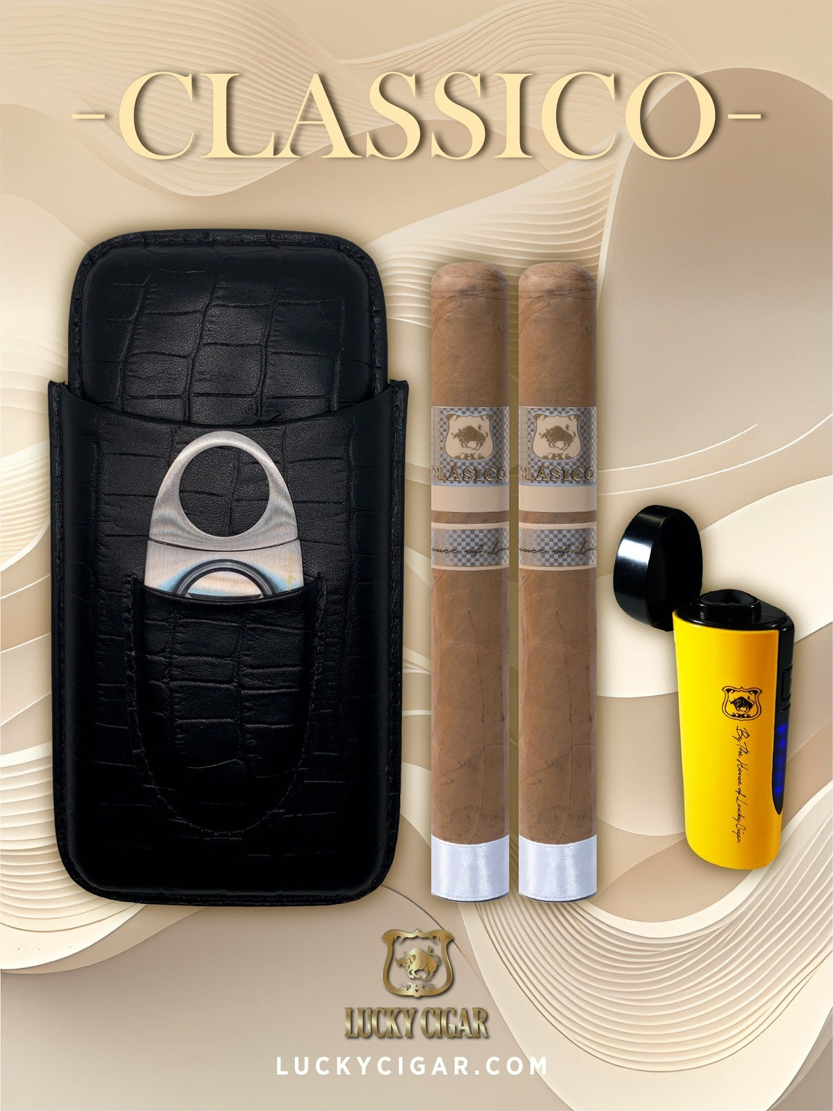 Lucky Cigar Sampler Sets: Set of 2 Toro 6x50 Classico Cigars with Travel Humidor Case, Torch