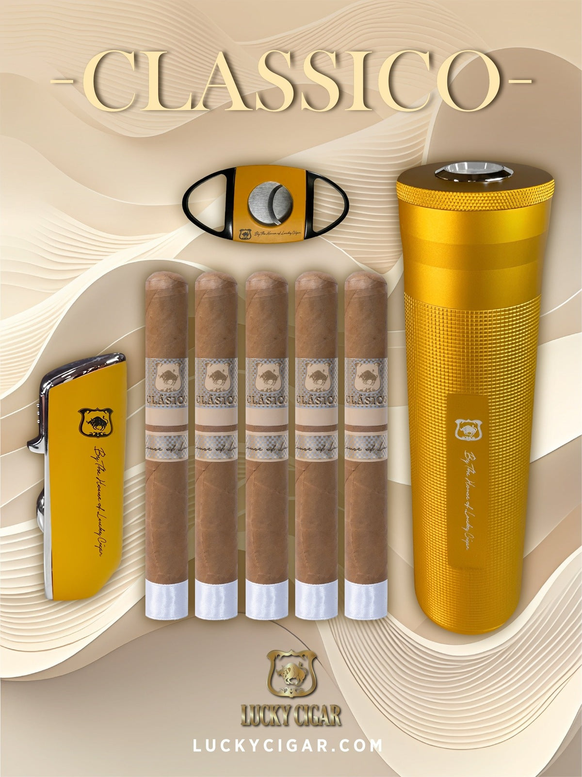 Classic Cigars - Classico by Lucky Cigar: Set of 5 Cigars, 5 Lonsdale with Torch, Cutter, Travel Humidor