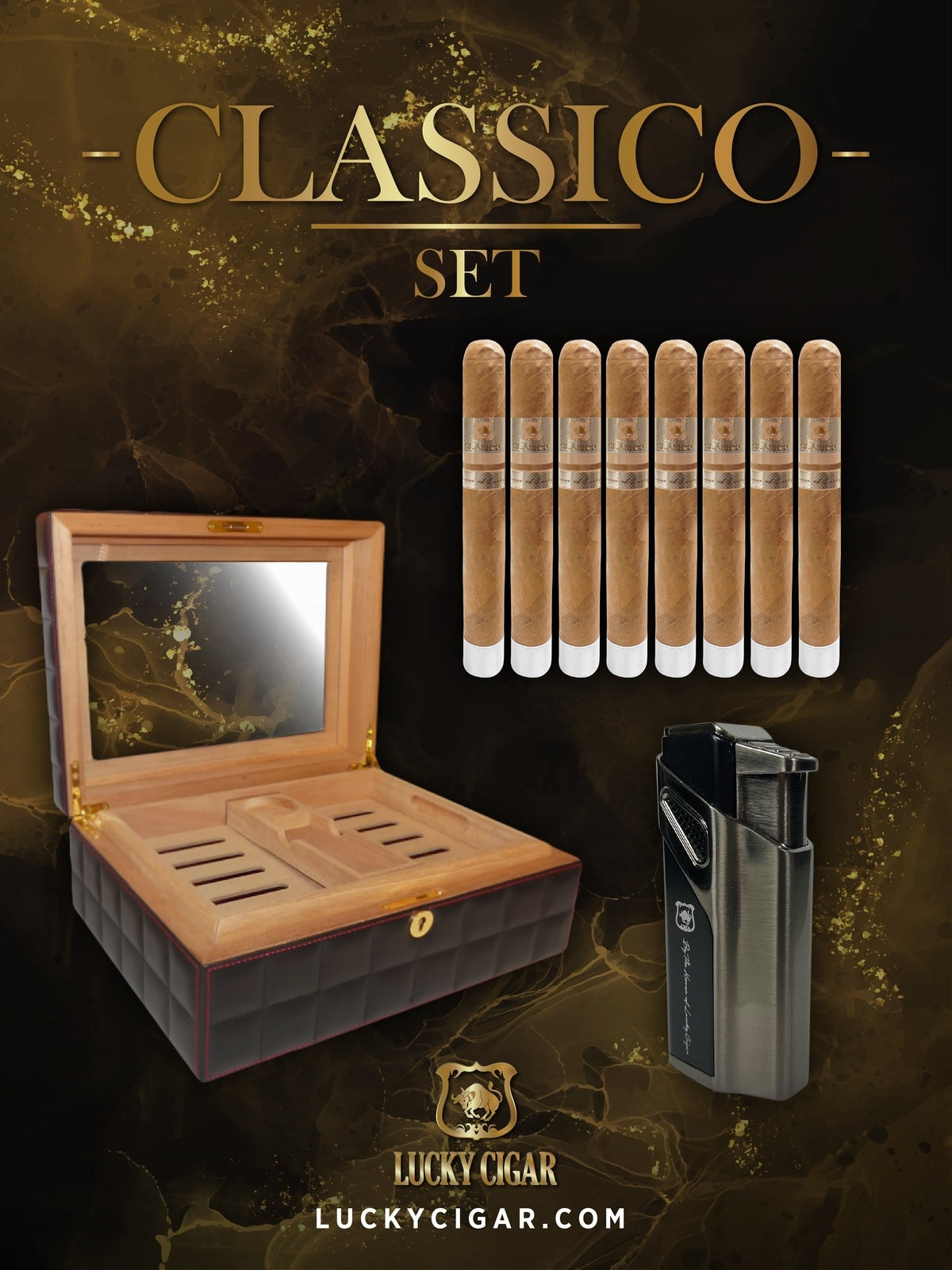 Lucky Cigar Sampler Sets: Set of 8 Classico Toro Cigars with Desk Humidor, Torch