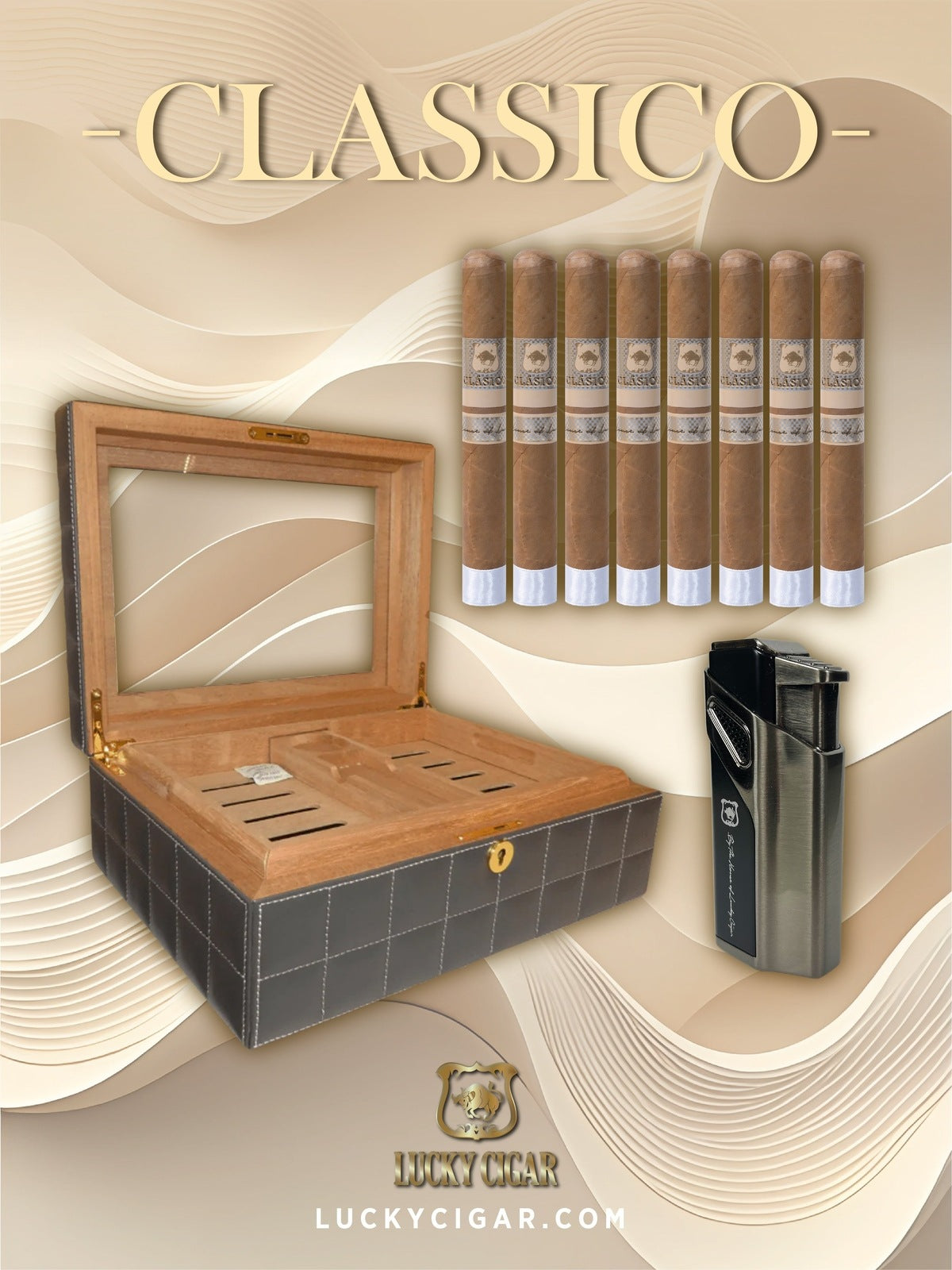 Lucky Cigar Sampler Sets: Set of 8 Classico Toro Cigars with Desk Humidor, Torch