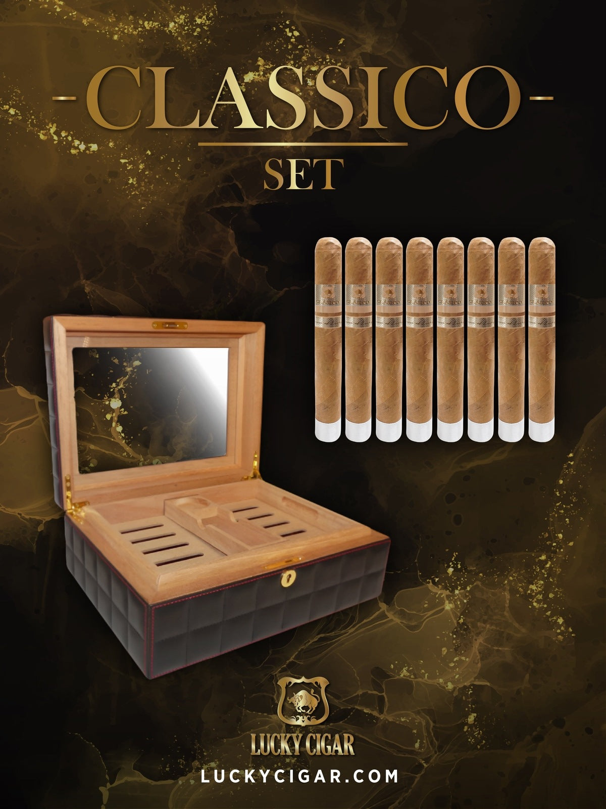 Lucky Cigar Sampler Sets: Set of 8 Classico Toro Cigars with Desk Humidor