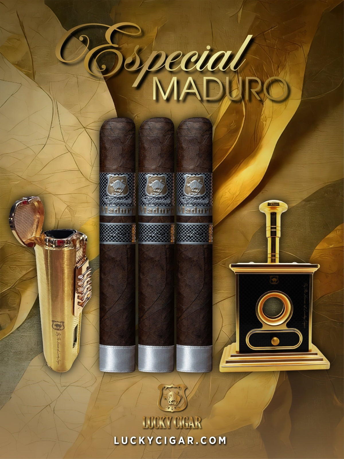 Lucky Cigar Sampler Sets: Set of 3 Especial Maduro Toro Cigars (6x52) with Torch, Table Cutter
