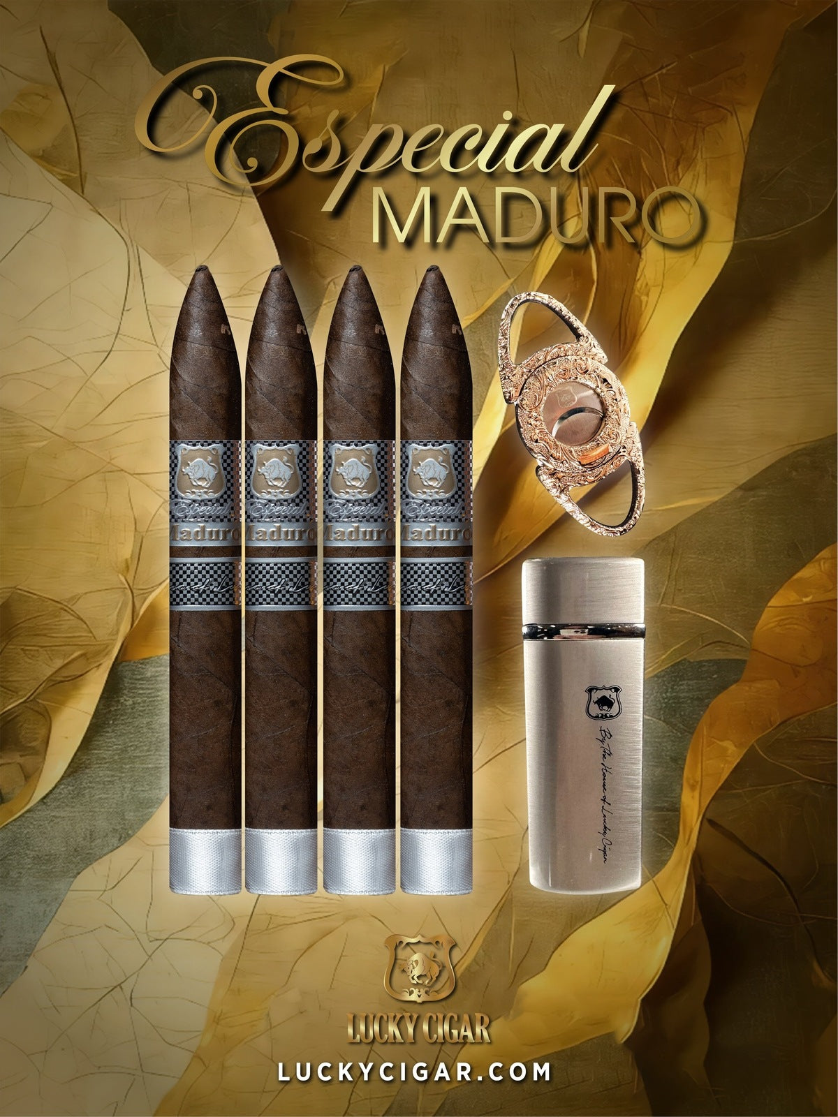 Lucky Cigar Sampler Sets: Set of 4 Especial Maduro Torpedo Cigars with Cutter, Torch