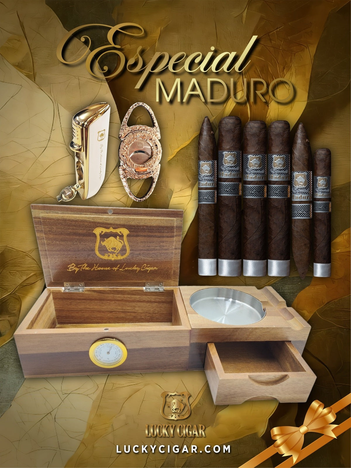 Lucky Cigar Sampler Sets: Set of 6 Especial Maduro Cigars with Humidor Ashtray Set, Cutter, Torch