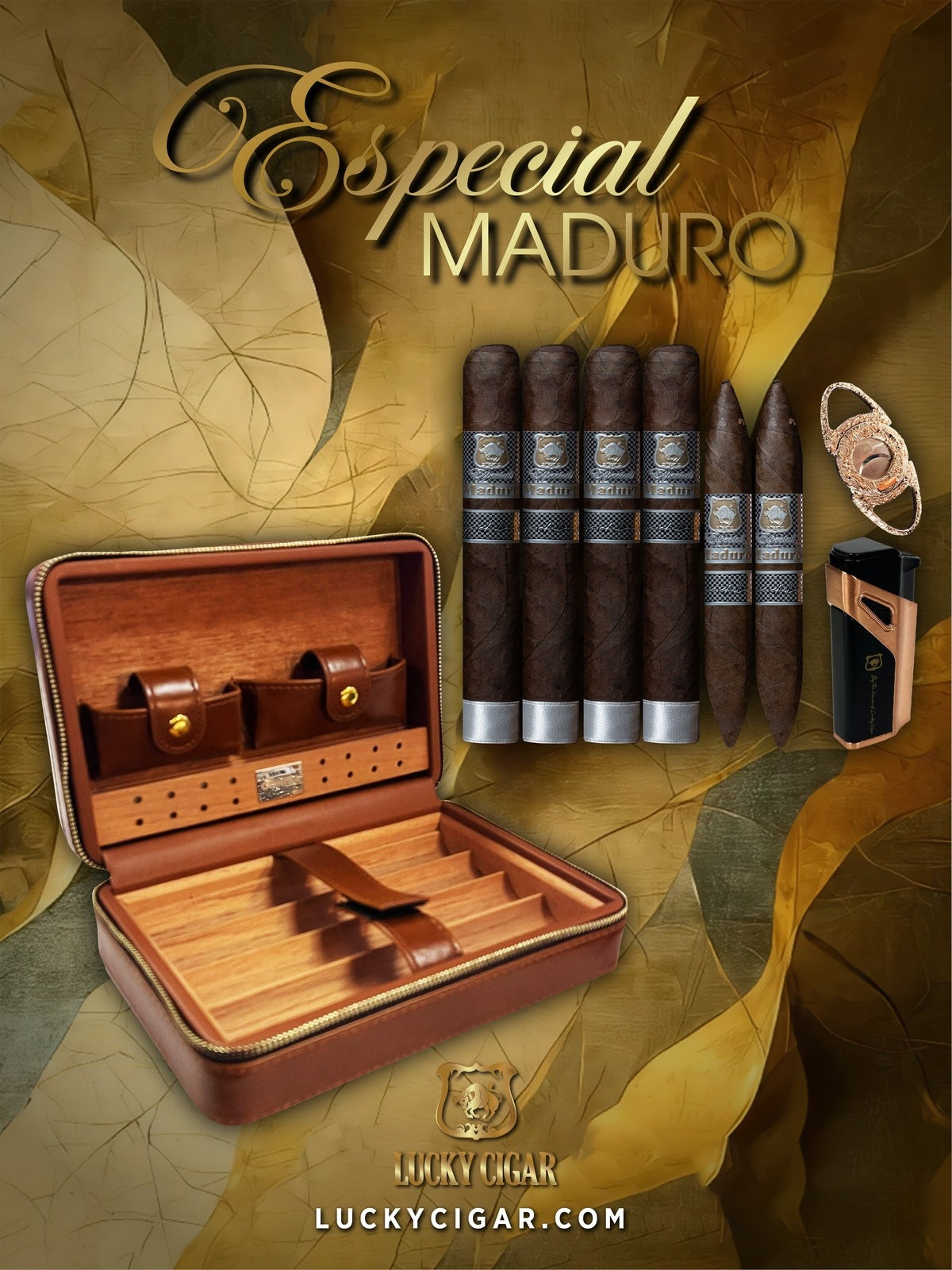 Lucky Cigar Sampler Sets: Set of Especial Maduro 4 Toro, 4 Perfecto Cigars with Cutter, Torch, Hurricane Leather Case