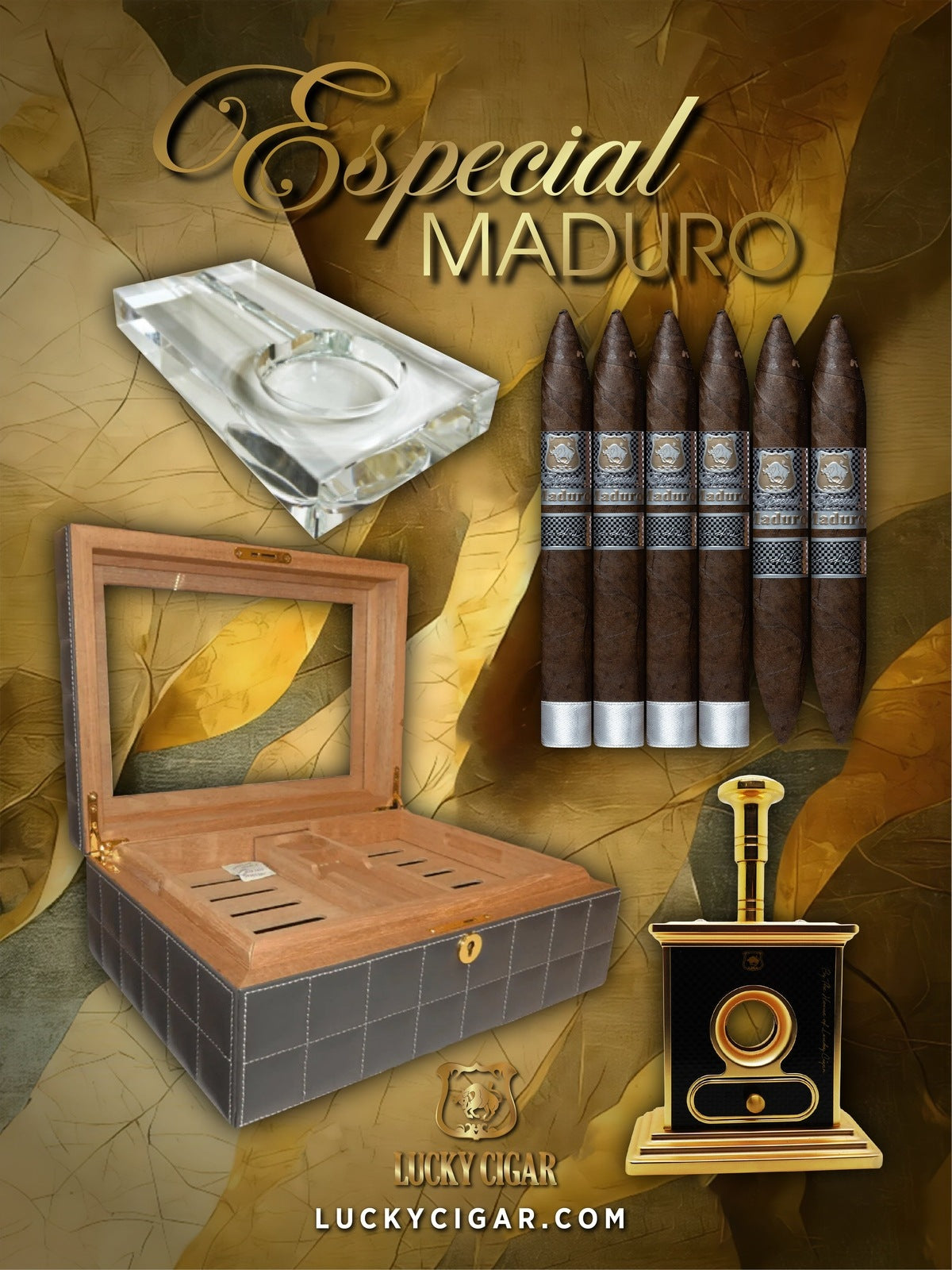 Lucky Cigar Sampler Sets: Set of Especial Maduro 4 Torpedo, 2 Perfecto Cigars with Desk Humidor, Ashtray, Cutter