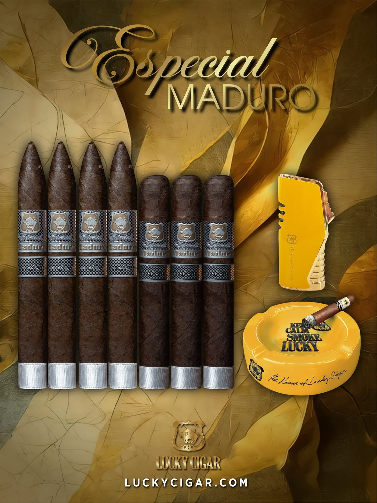 Lucky Cigar Sampler Sets: Set of Especial Maduro 4 Torpedo, 3 Robusto Cigars with Ashtray, Torch