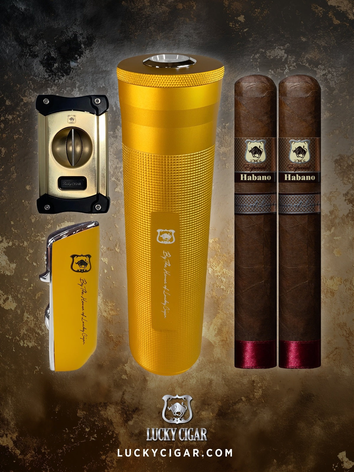 Cigar Lifestyle Accessories: Travel Humidor with Hygrometer Lid in Gold with 2 Cigars, Cutter, Torch