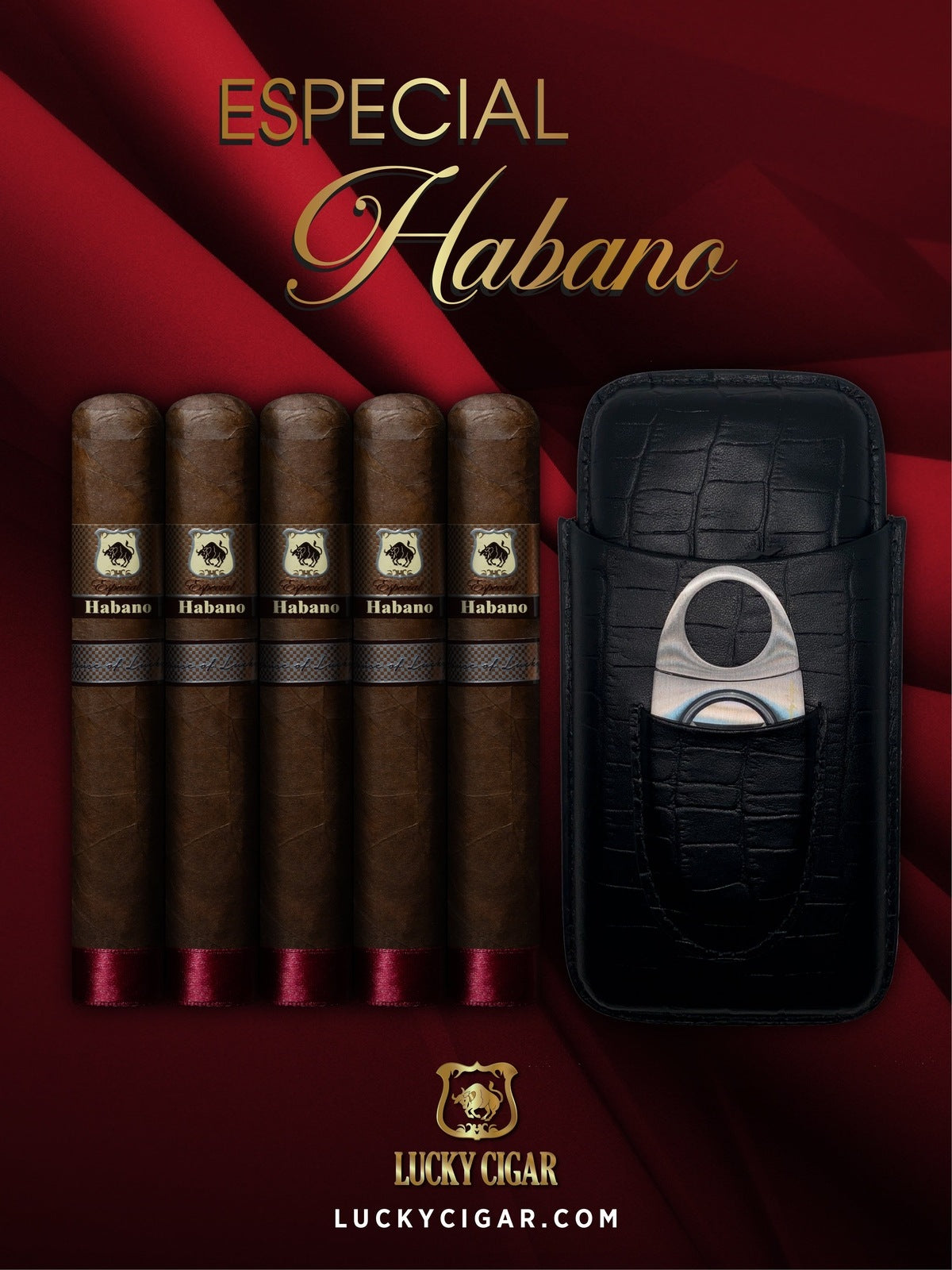 Lucky Cigar Sampler Sets: Set of 5 Especial Habano Toro Cigars with Cutter, Travel Humidor Case