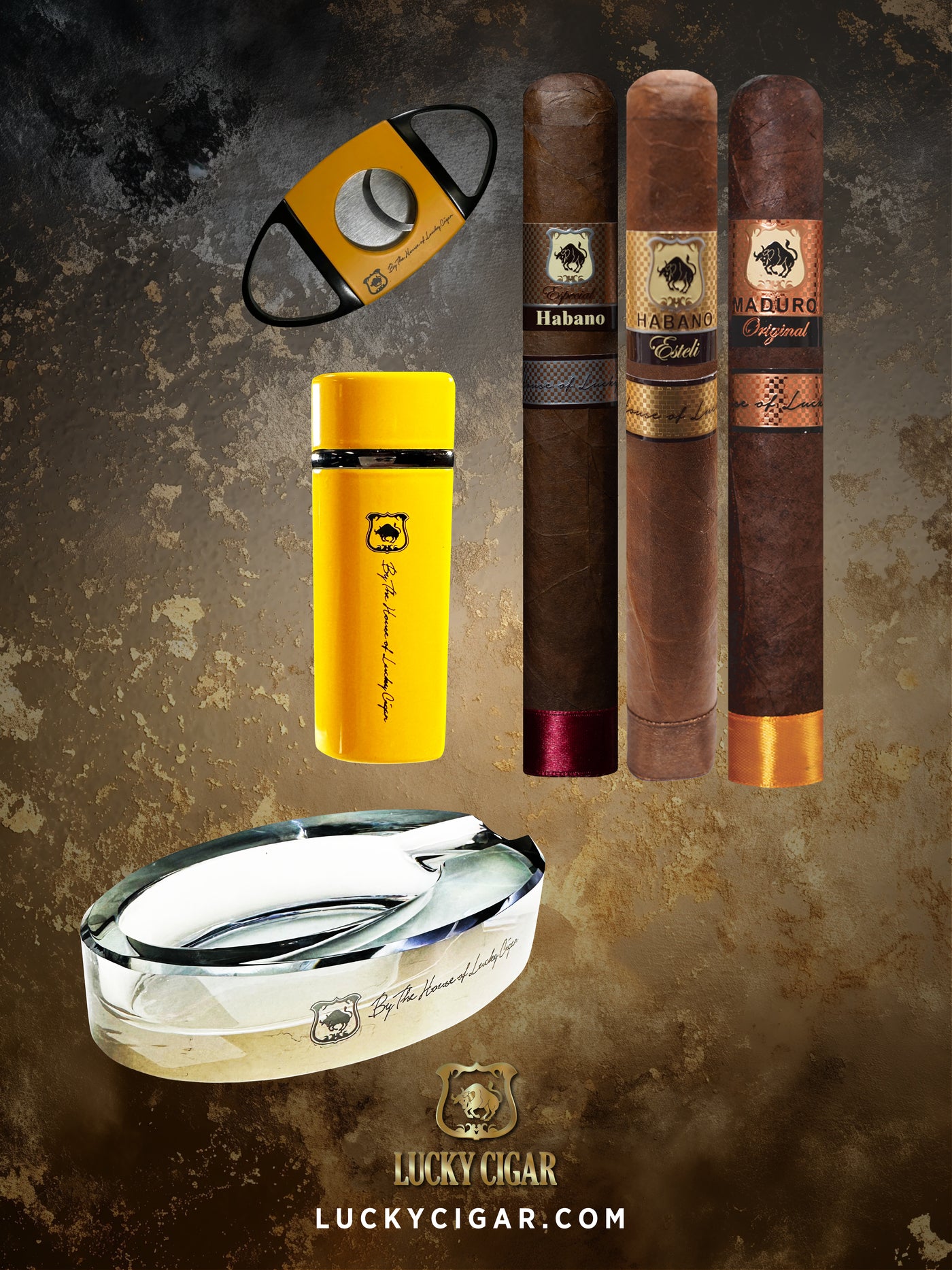 Lucky Cigar Sampler Sets: Set of 3 Cigars with Torch, Cutter, Ashtray
