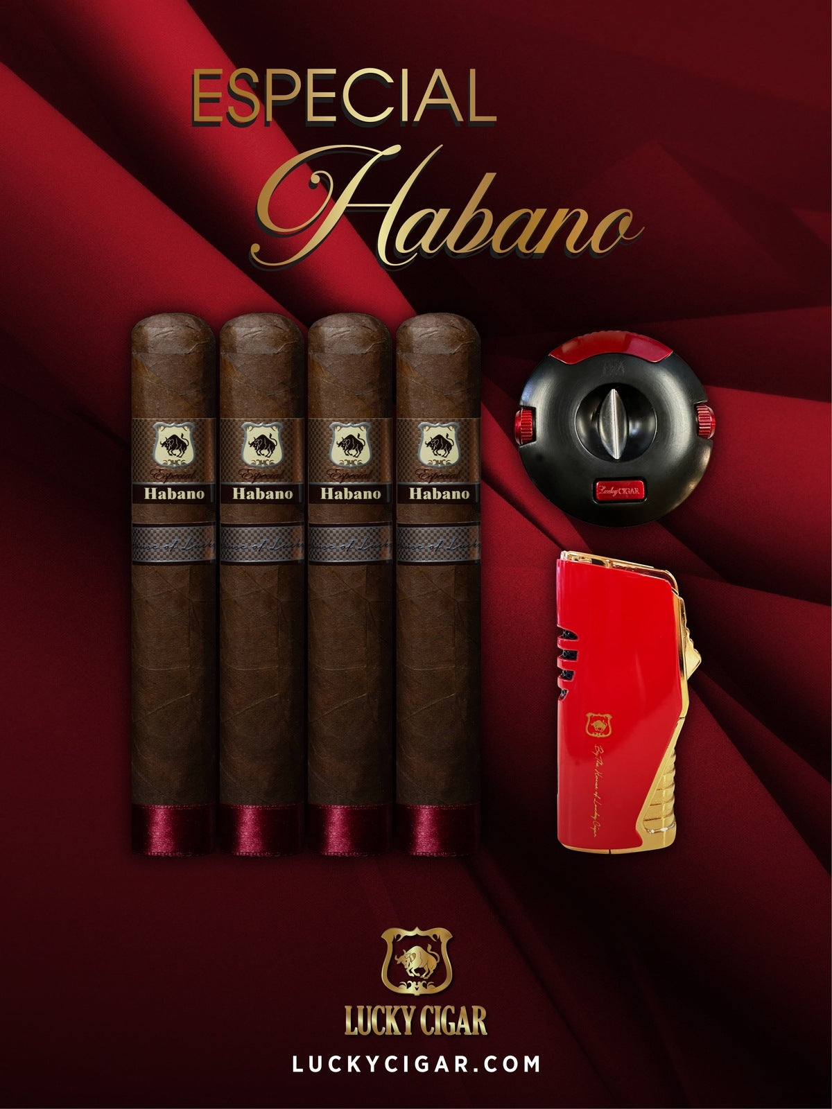 Lucky Cigar Sampler Sets: Set of 4 Especial Habano Robusto Cigars with Torch, Cutter