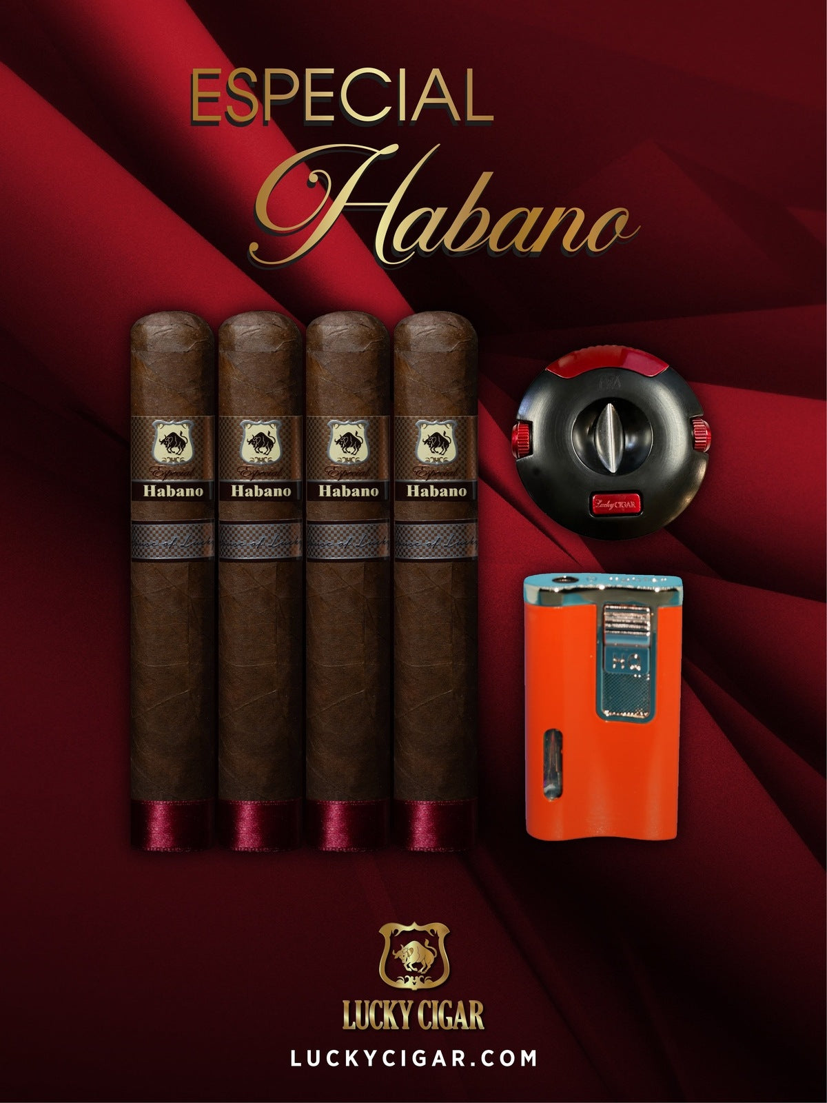 Lucky Cigar Sampler Sets: Set of 4 Especial Habano Robusto Cigars with Cutter, Torch