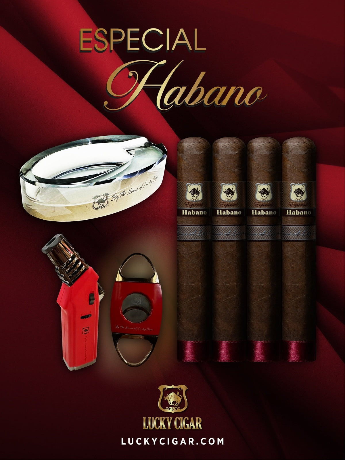 Habano Cigars: Especial Habano by Lucky Cigar: Set of 4 Cigars 4 Toro with Lighter, Cutter, Ashtray