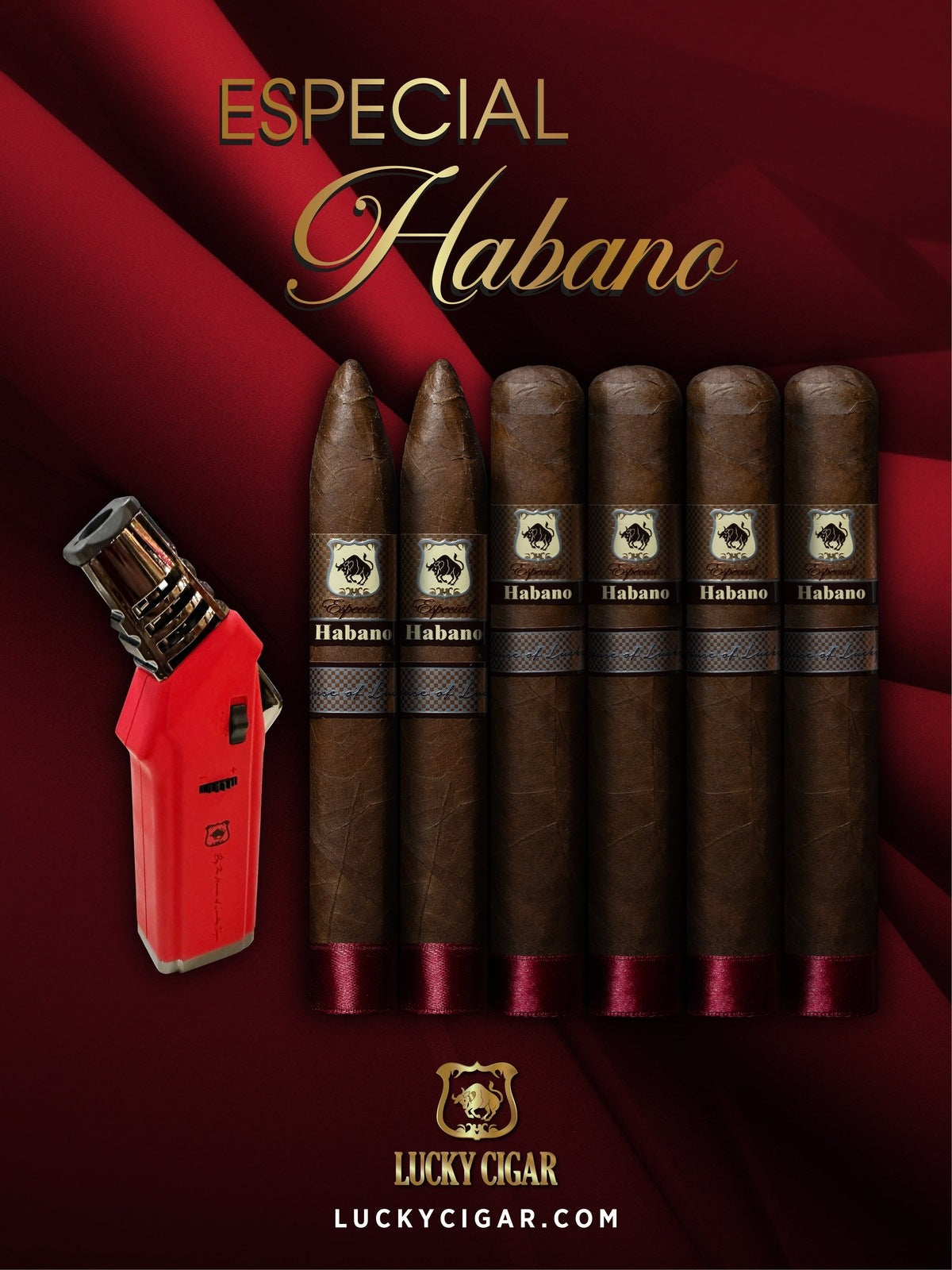 Habano Cigars: Especial Habano by Lucky Cigar: Set of 6 Cigars 4 Toro and 2 Torpedo with Torch Lighter