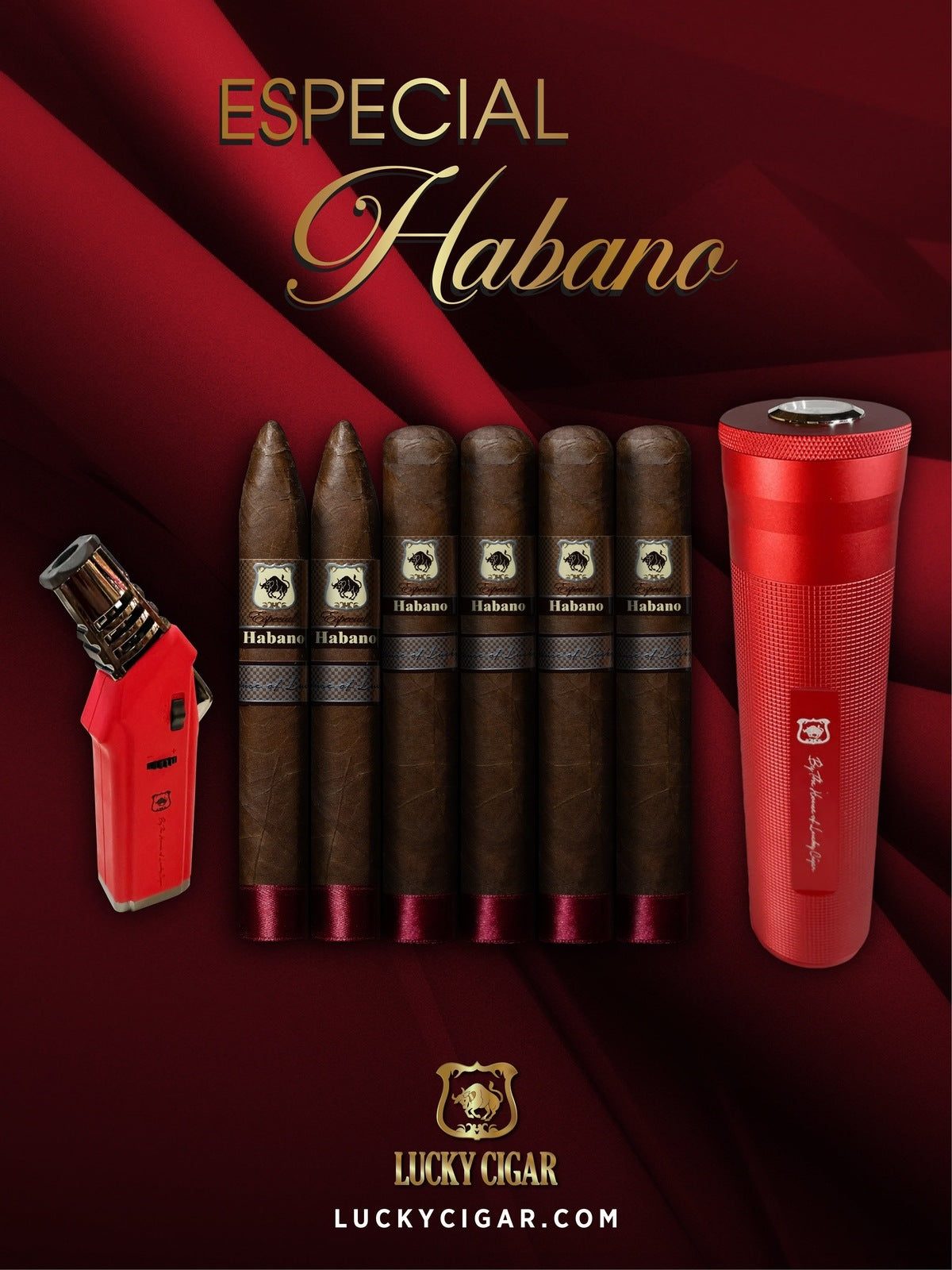 Habano Cigars: Especial Habano by Lucky Cigar: Set of 6 Cigars 4 Toro, 2 Torpedo with Travel Humidor, Torch
