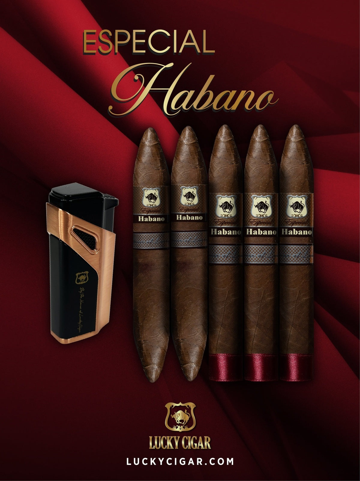 Habano Cigars: Especial Habano by Lucky Cigar: Set of 5 Cigars 3 Torpedo, 2 Perfecto with Lighter