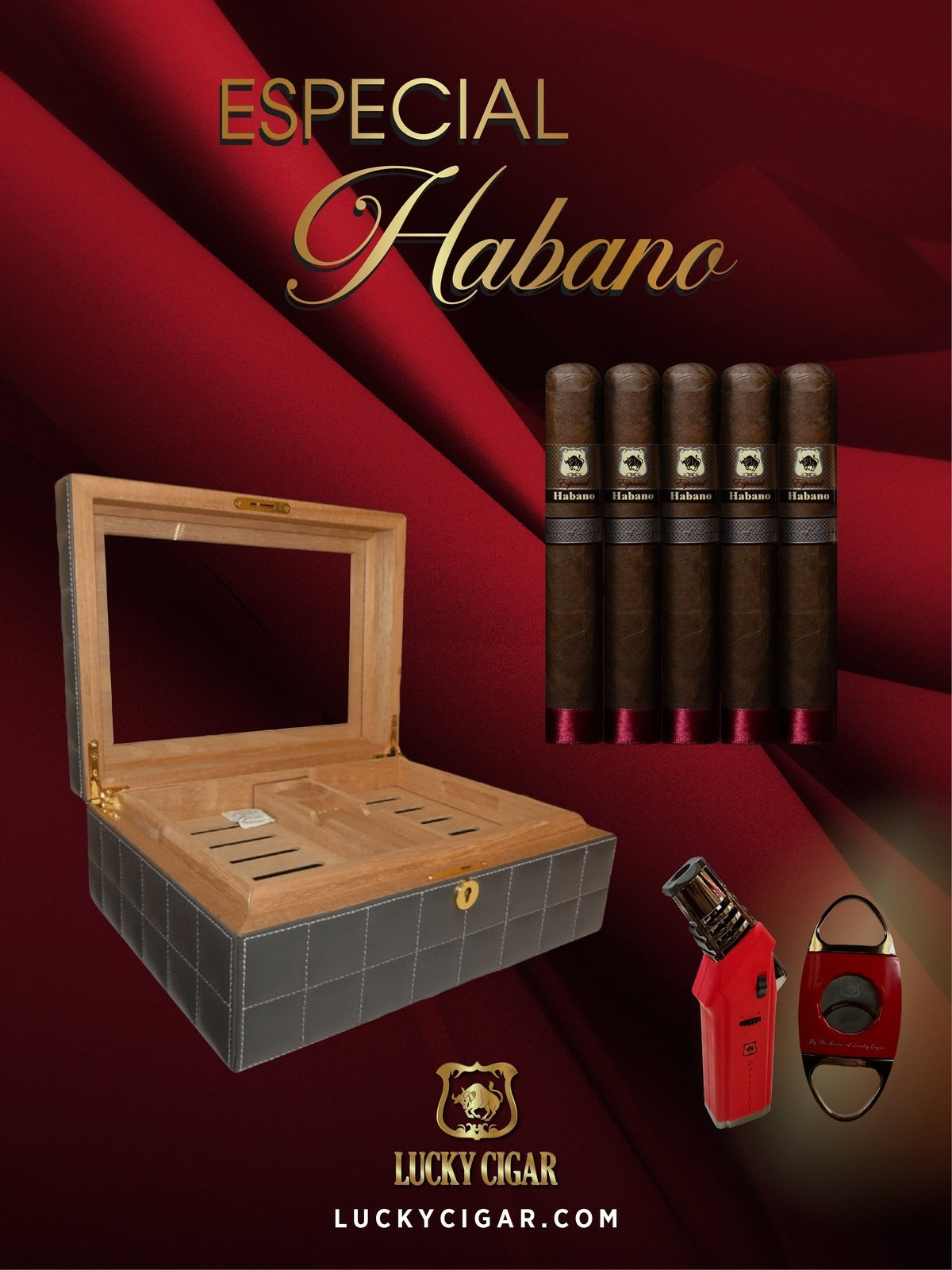Habano Cigars: Especial Habano by Lucky Cigar: Set of 5 Toro Cigars with Cutter, Torch